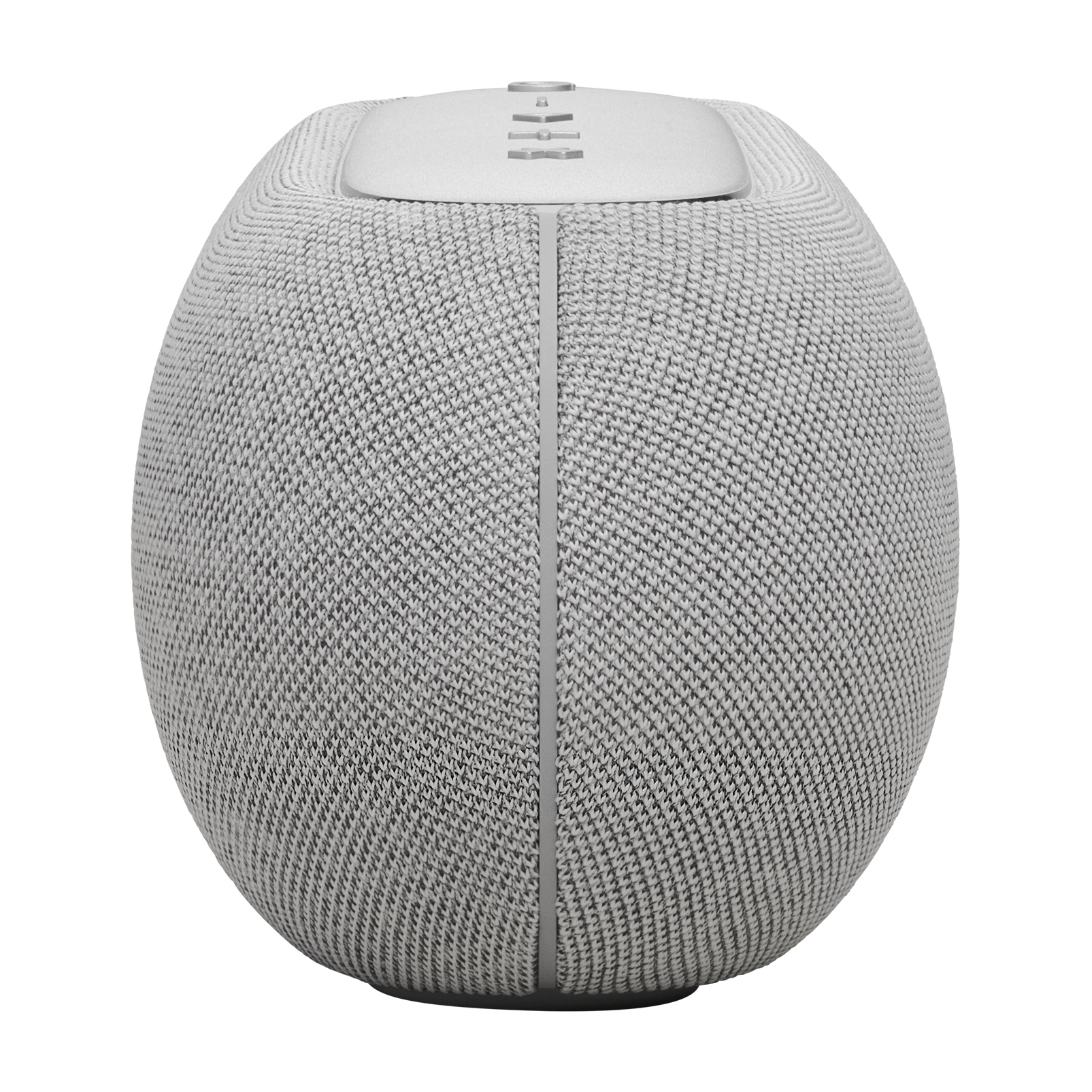 Un altavoz gris en forma ovalada sobre un fondo blanco.