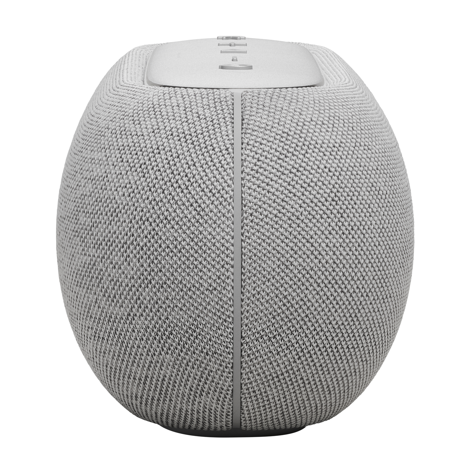 Un altavoz gris esférico con un panel superior blanco, sobre un fondo blanco.
