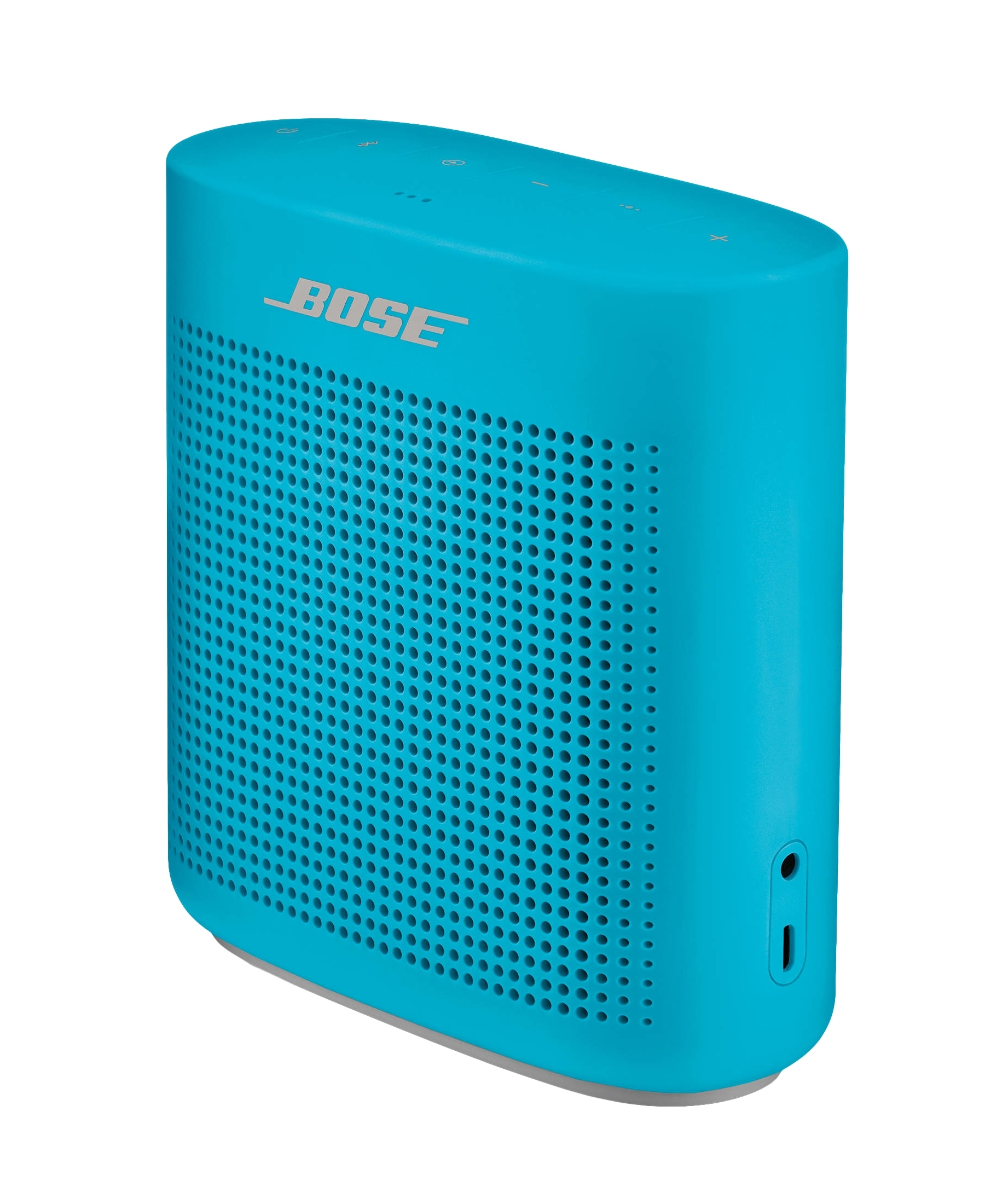 Ein blauer Bose-Lautsprecher. Er hat ein Gitter aus Löchern und den Markennamen in Weiß.