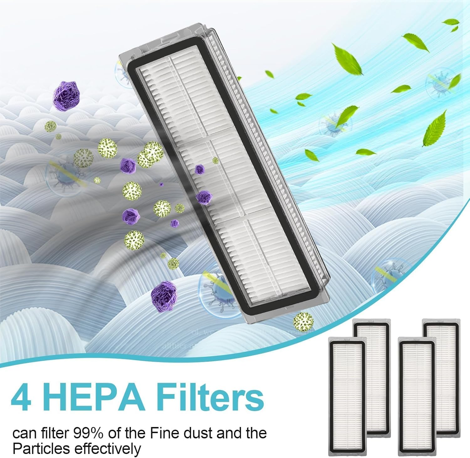 Quattro filtri HEPA con testo e foglie verdi fluttuanti.