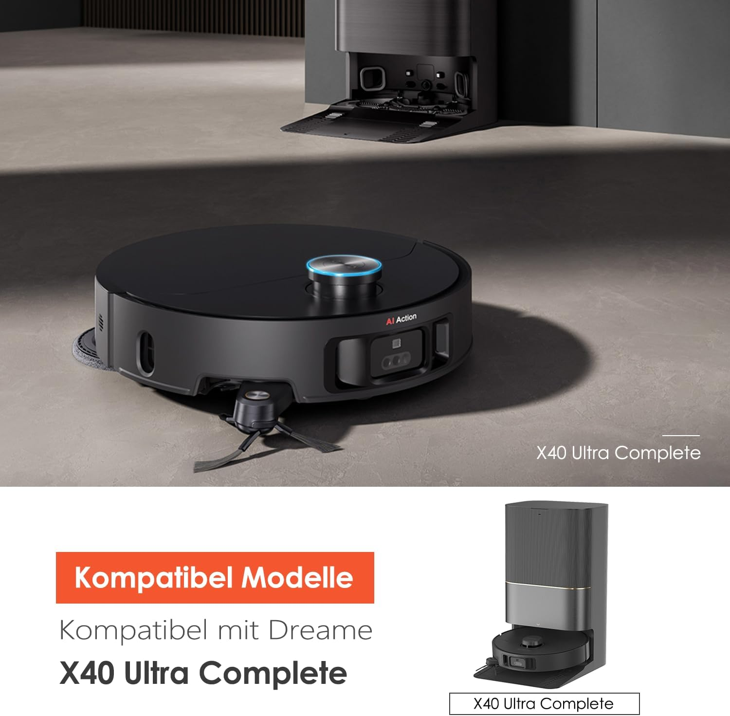 Aspirapolvere robot nero, stazione di ricarica. Testo: X40 Ultra Complete. Compatibile con Dreame.