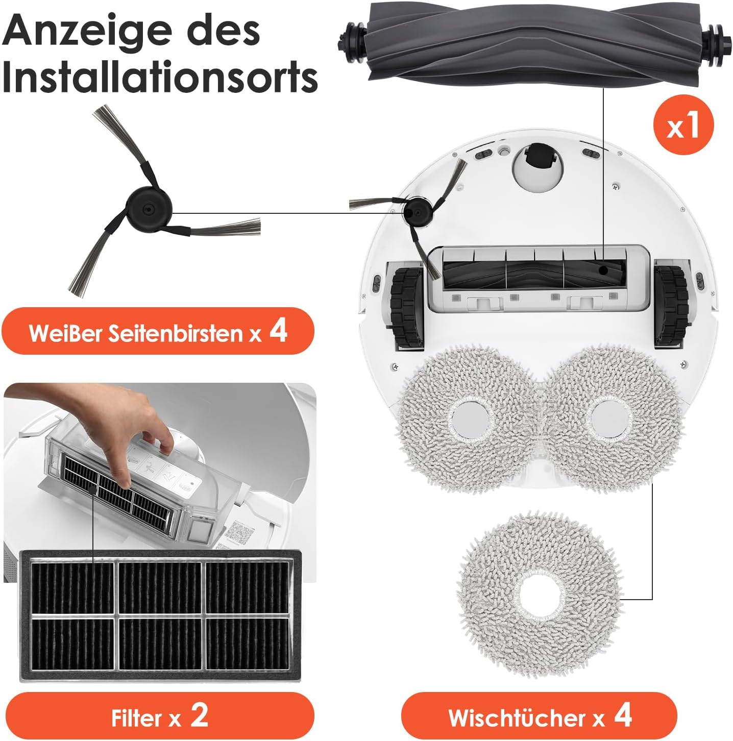 Parti e componenti di un robot aspirapolvere, tra cui spazzole, filtri e panni per la pulizia.