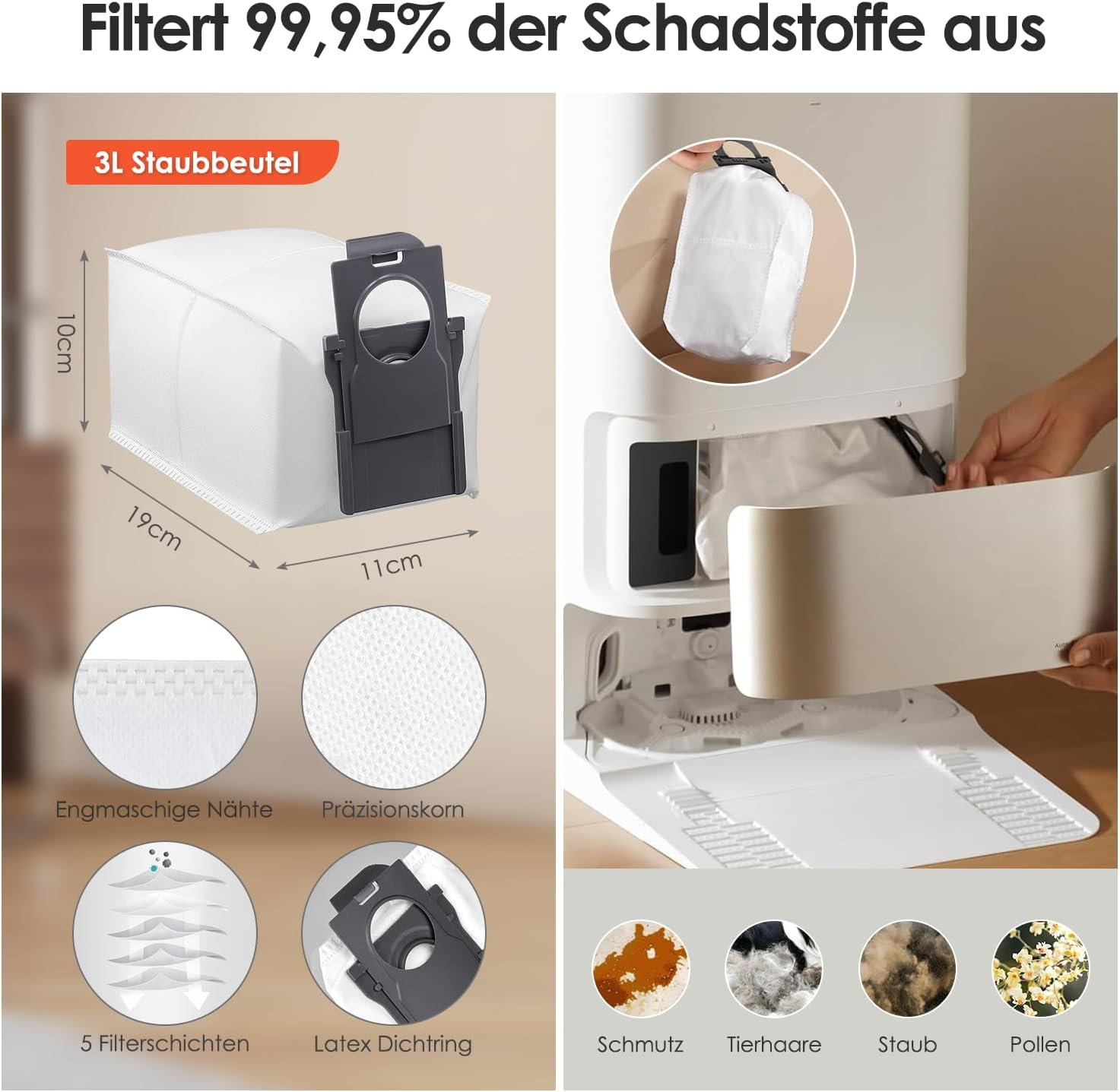 Diagramma che mostra un sacco per aspirapolvere, con dimensioni e dettagli di filtrazione.