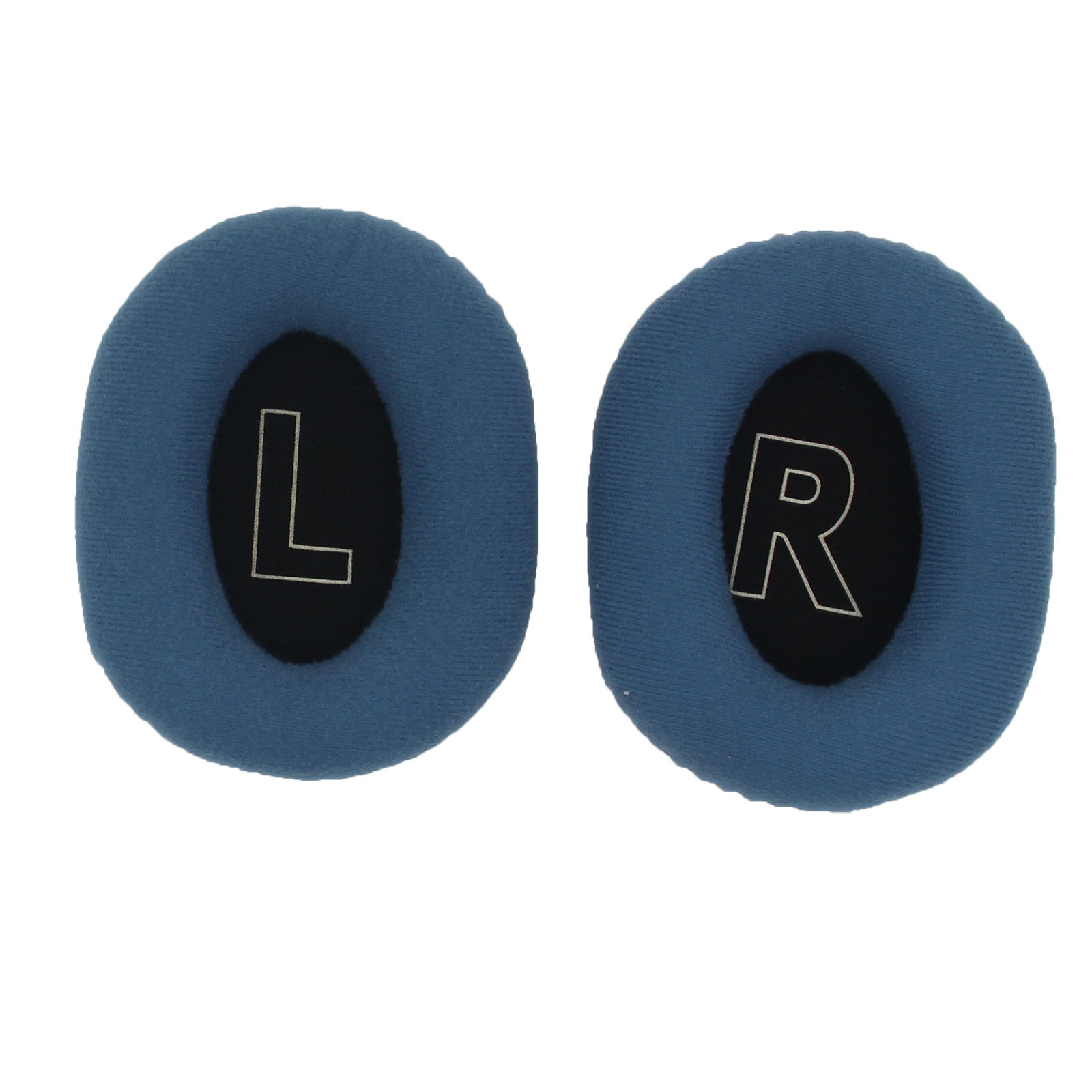 Due cuscinetti auricolari blu per cuffie con 'L' e 'R' in lettere bianche all'interno di cerchi neri.