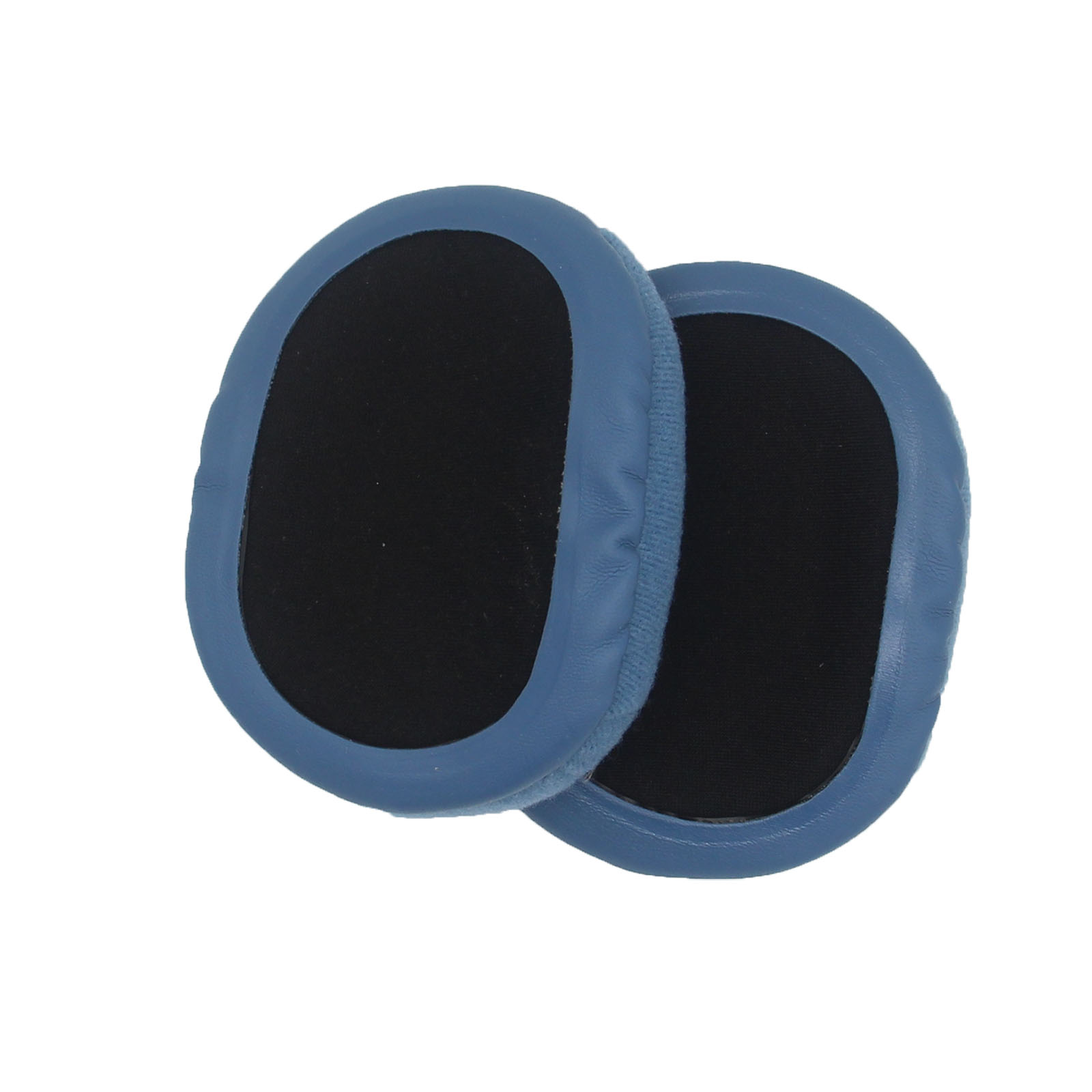 Due cuscinetti auricolari blu e neri per cuffie, visti dall'alto su sfondo bianco.