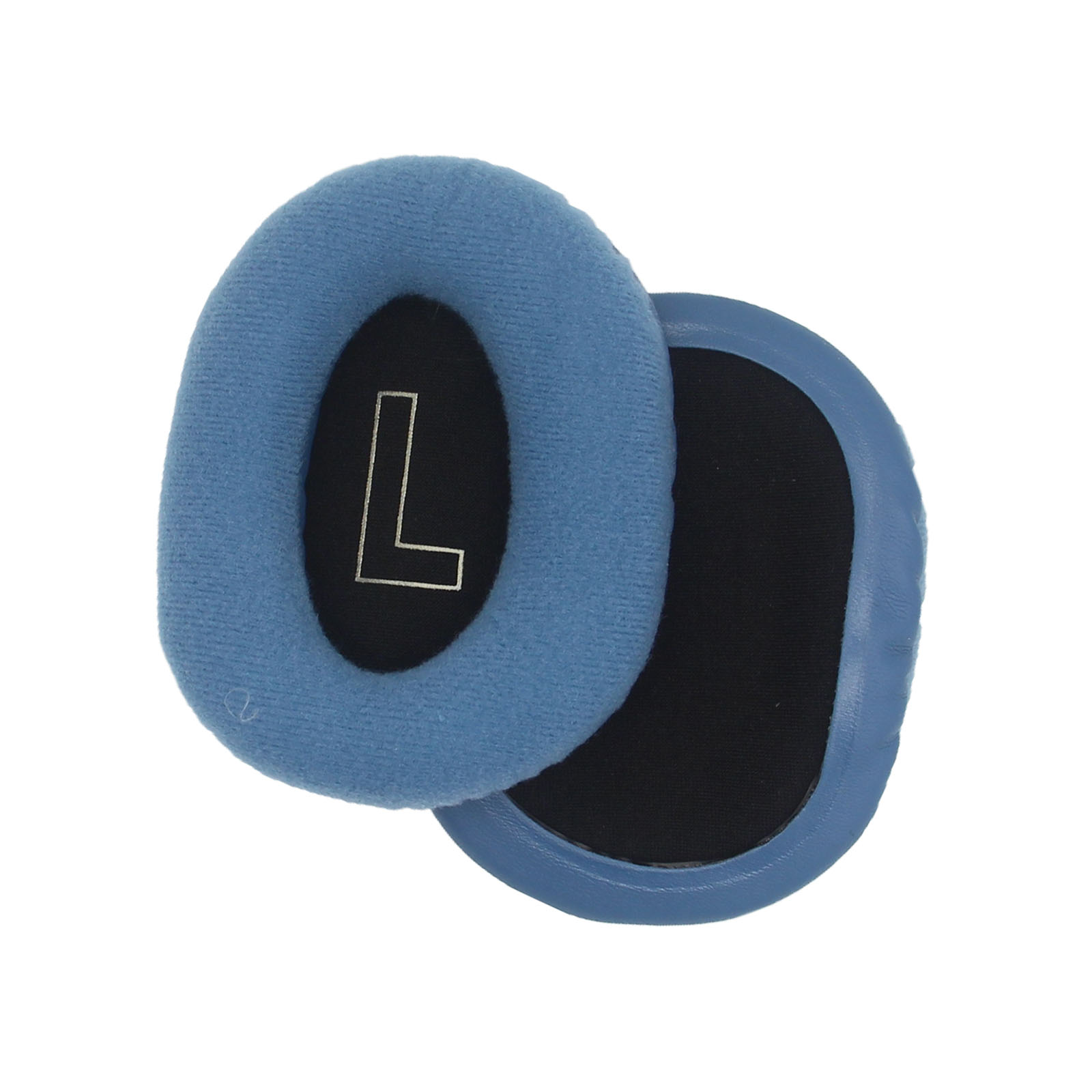 Due cuscinetti auricolari azzurri con una lettera L su sfondo bianco.