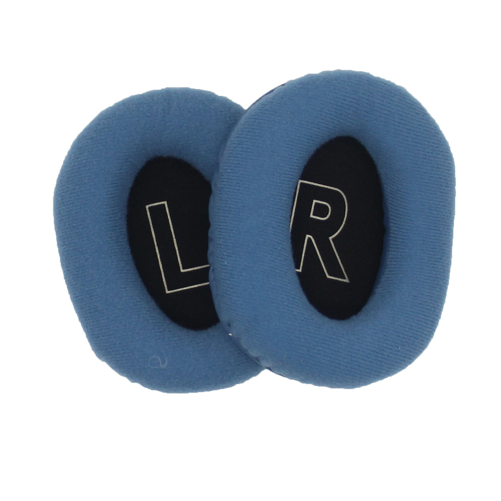 Due cuscinetti blu e neri per cuffie, con L e R visibili.