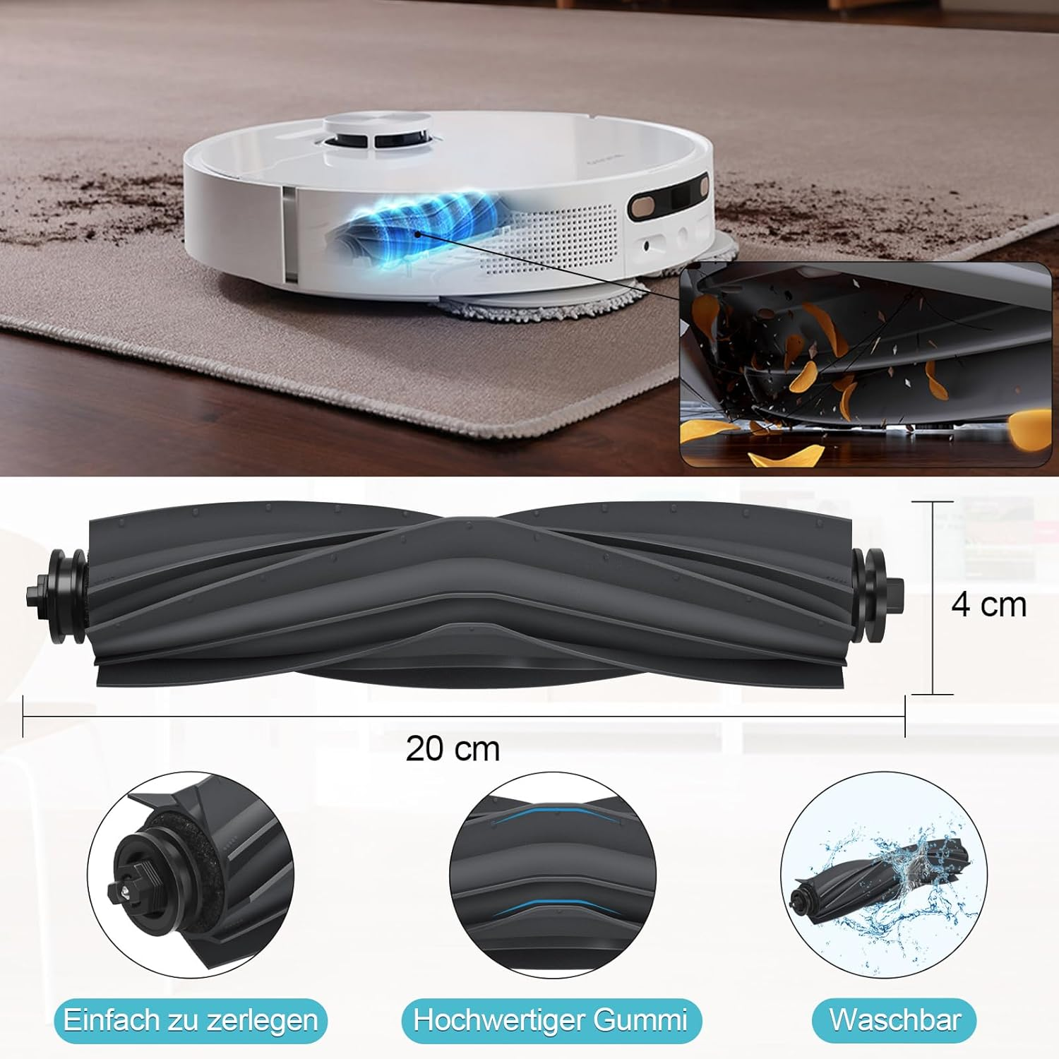 Odkurzacz robot z rolką czyszczącą, drewniana podłoga i dywan.