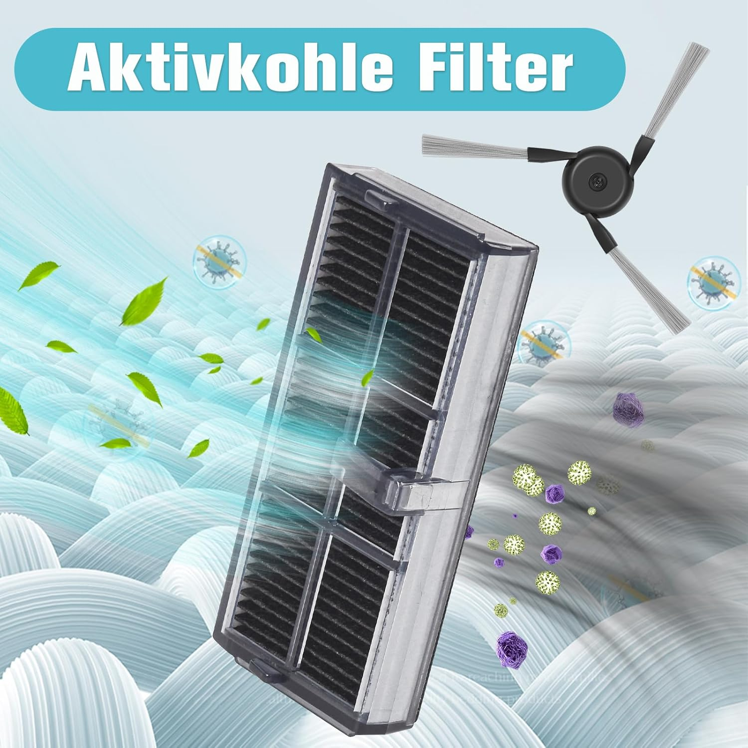 Filtr do odkurzacza, z liśćmi i cząsteczkami unoszącymi się wokół niego.