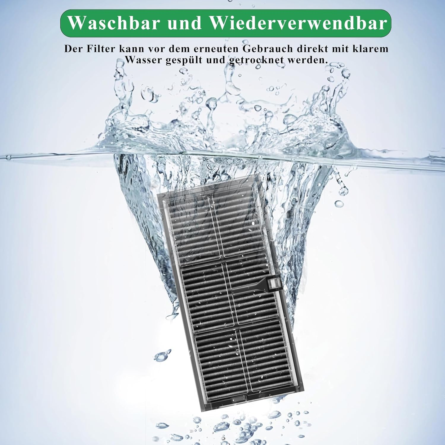 Un filtro immerso nell'acqua con testo 'Lavabile e riutilizzabile' in tedesco sopra.