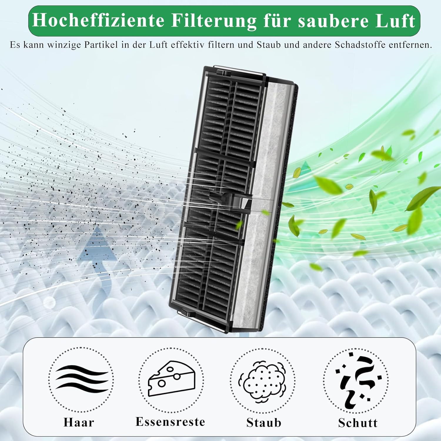 Filtro aria con testo: Filtrazione ad alta efficienza per un'aria più pulita. Filtra capelli, cibo, polvere.