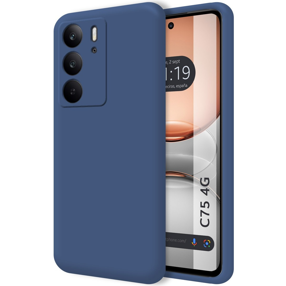 Una custodia blu copre un telefono, con lenti della fotocamera. Lo schermo è visibile.