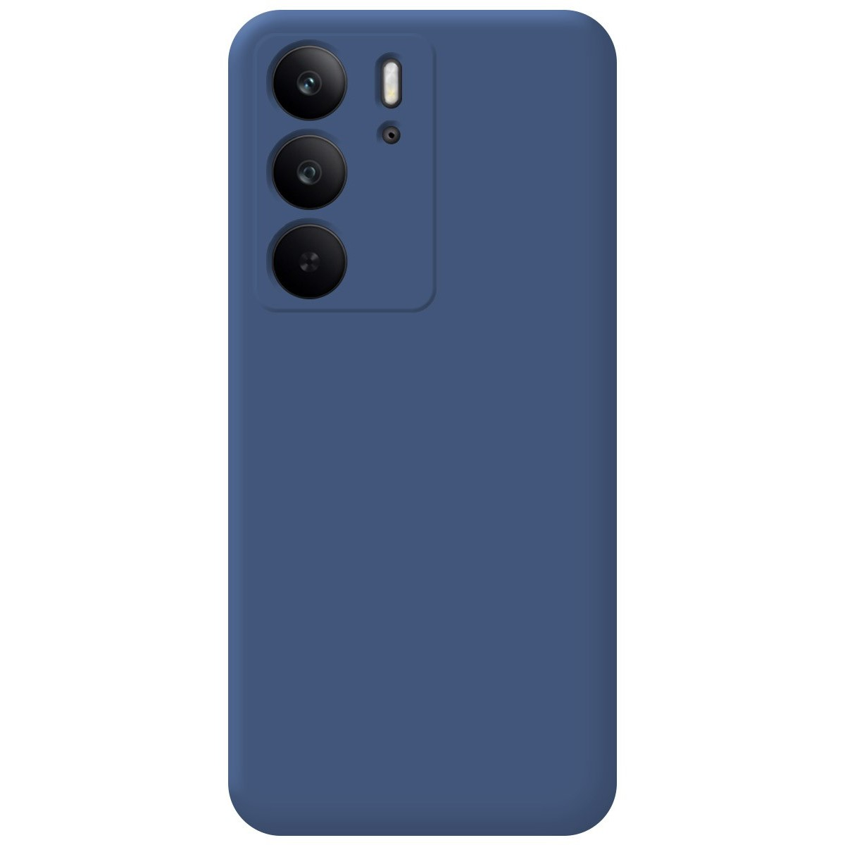 Custodia per telefono blu con configurazione a tripla fotocamera sul retro.