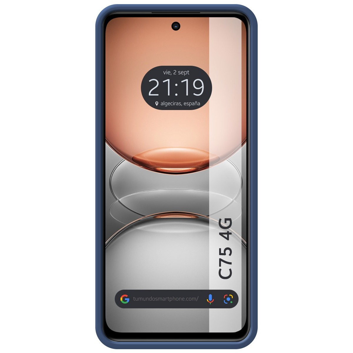 Telefono con custodia blu che mostra ora e posizione sullo schermo.