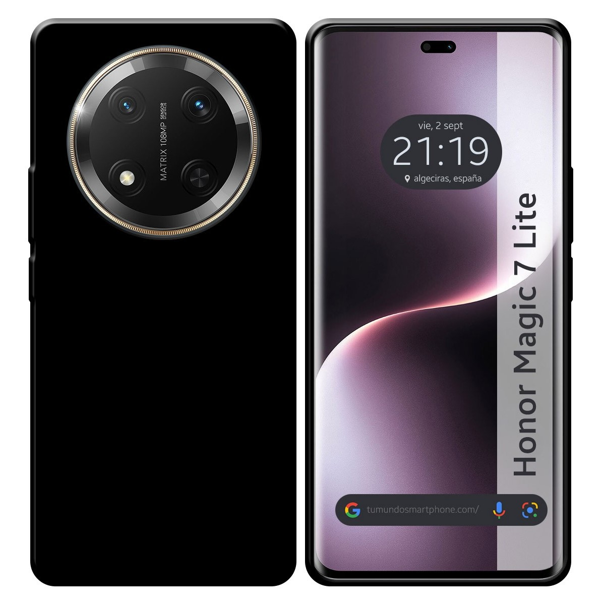 Telefono nero con un grande obiettivo della fotocamera e una custodia nera, il telefono mostra l'ora.