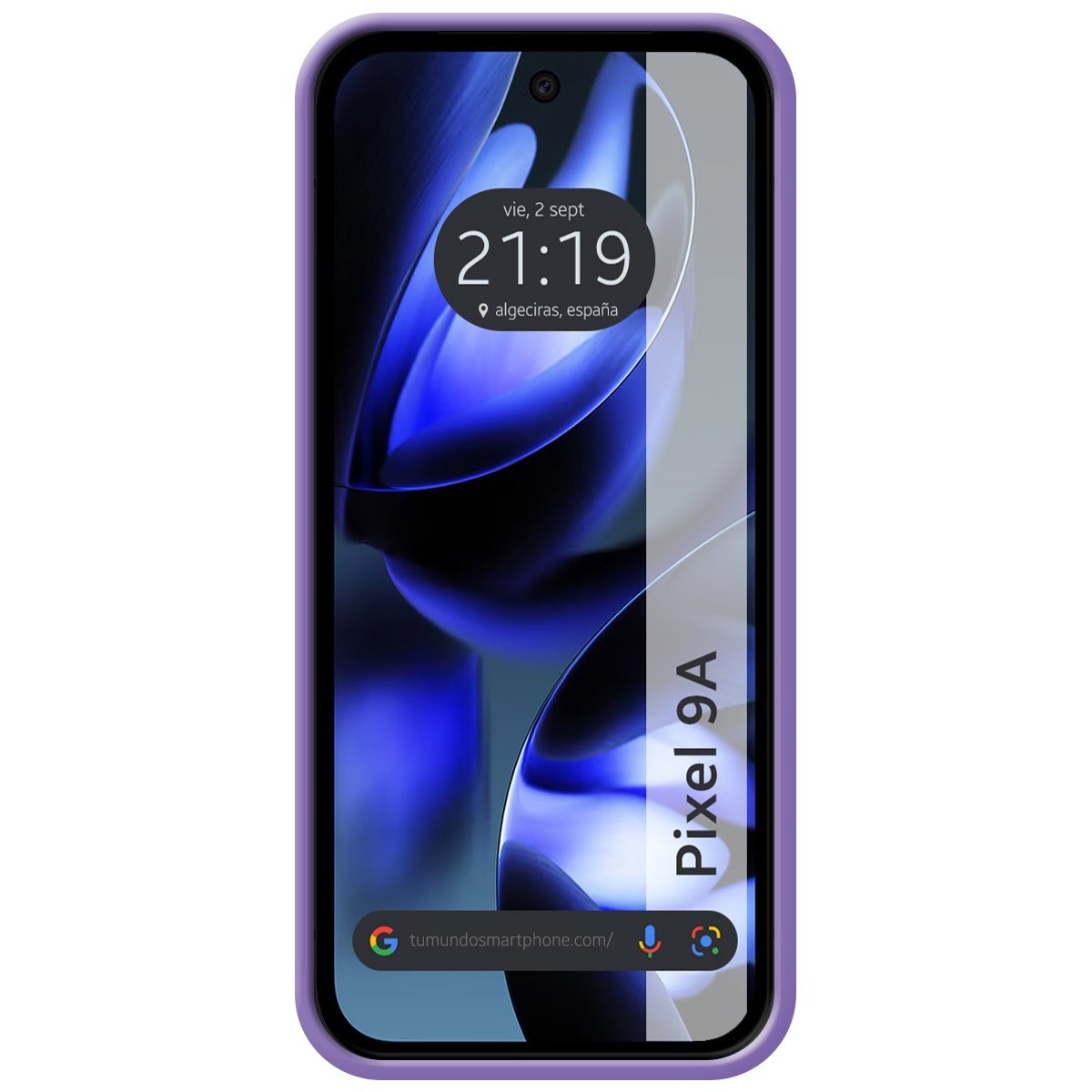 Un teléfono púrpura con una pantalla grande que muestra la hora y la fecha, con las palabras Pixel 9A.