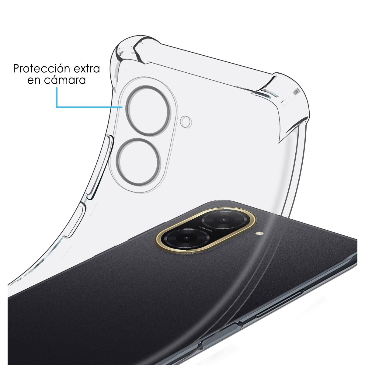 Un telefono con una custodia trasparente, che mostra il modulo della fotocamera e le parole Protezione in fotocamera.
