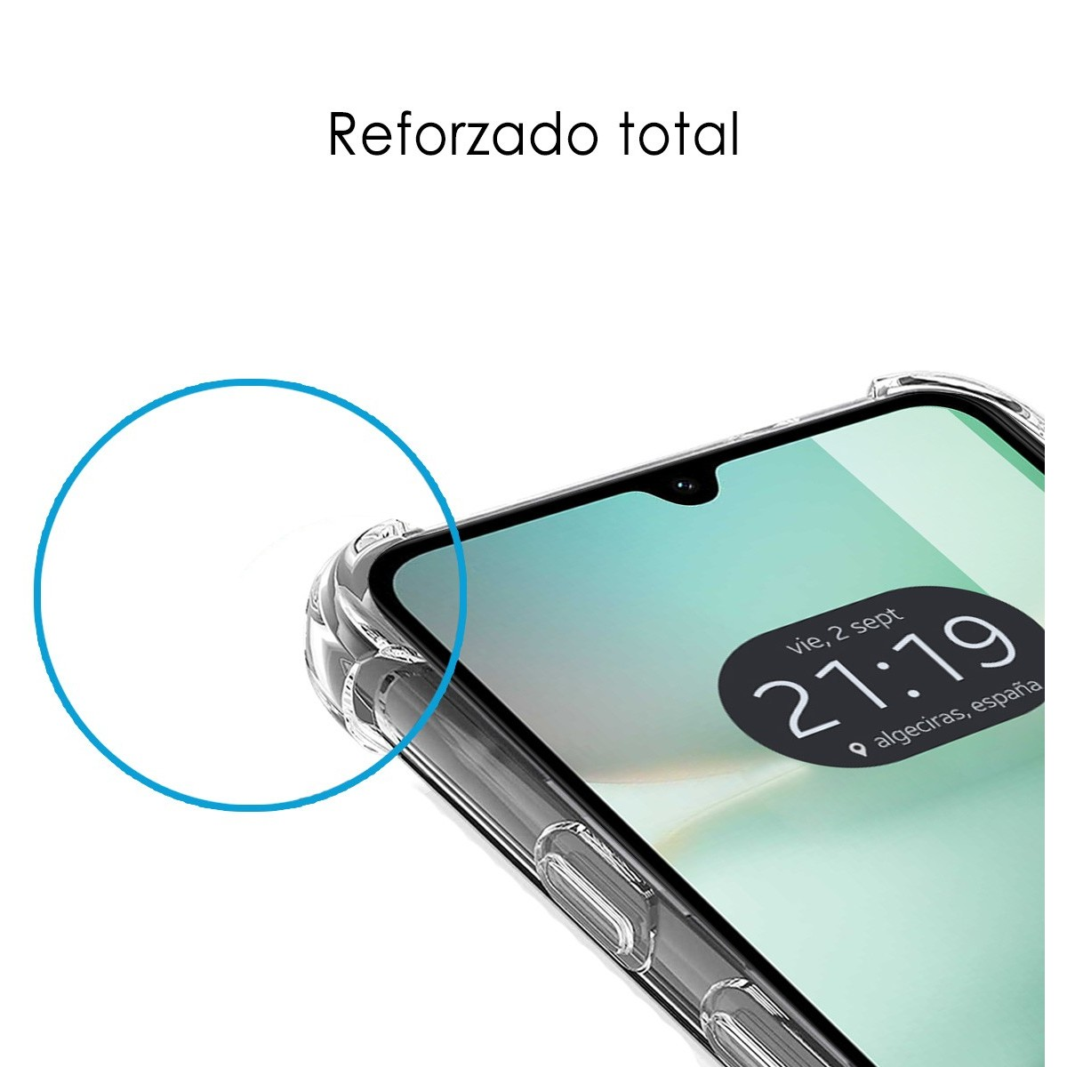 Primo piano di una custodia per telefono, con il testo: 'Reforzado total'.