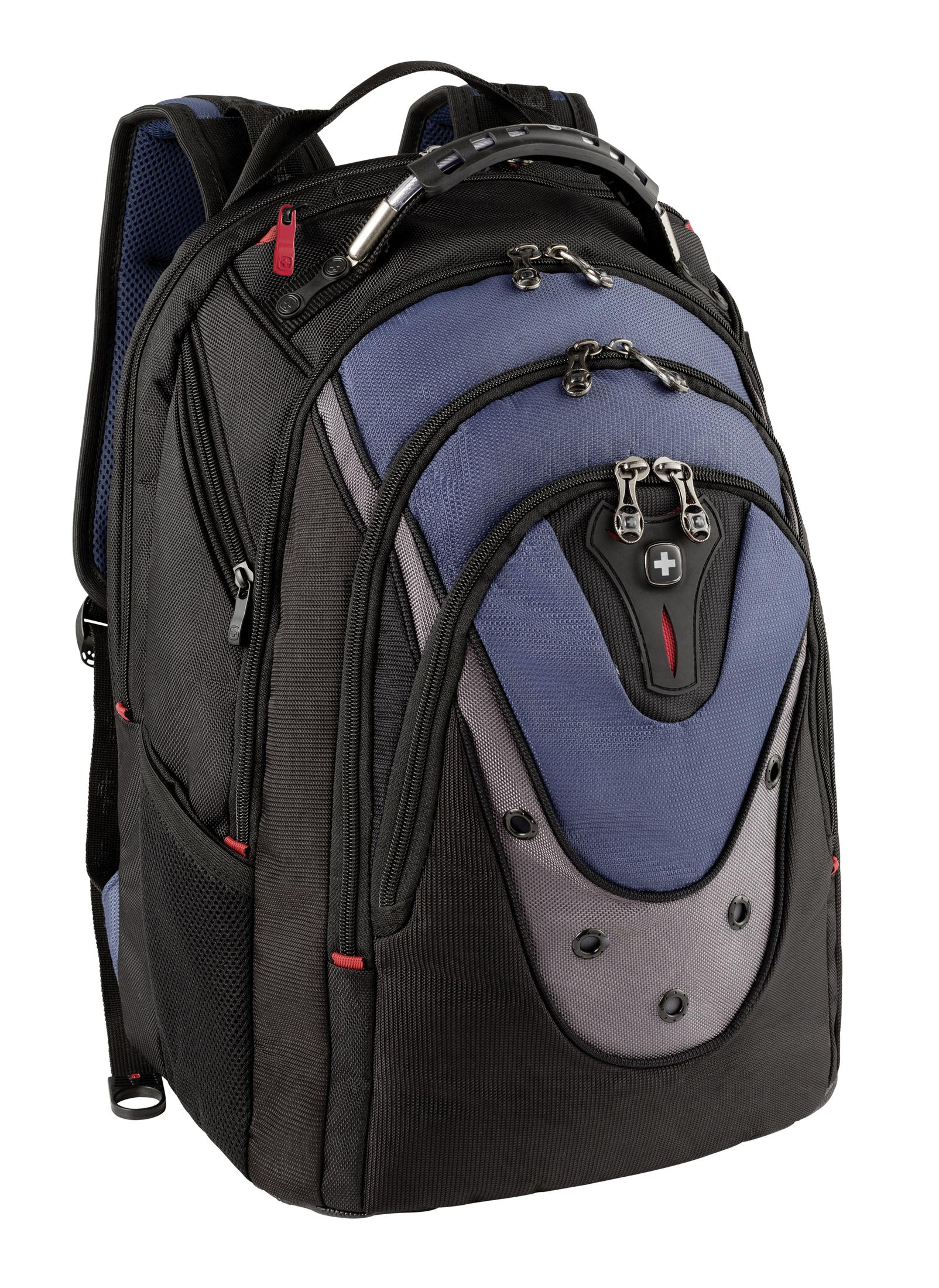 Ein schwarzer und blauer Rucksack. Er hat mehrere Reißverschlüsse und Fächer.