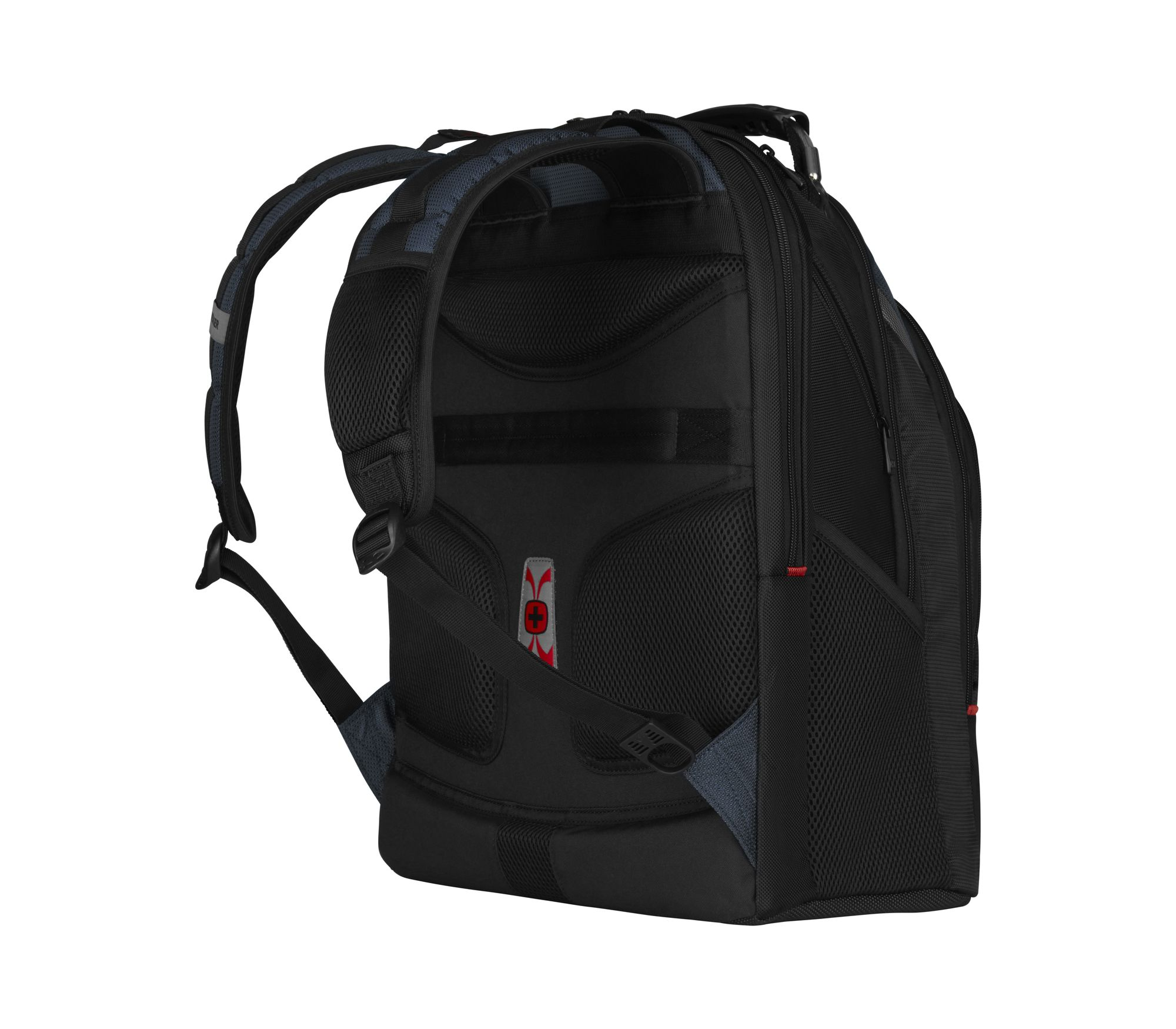 Schwarzer Rucksack mit Mesh auf der Rückseite. Hat gepolsterte Schultergurte.