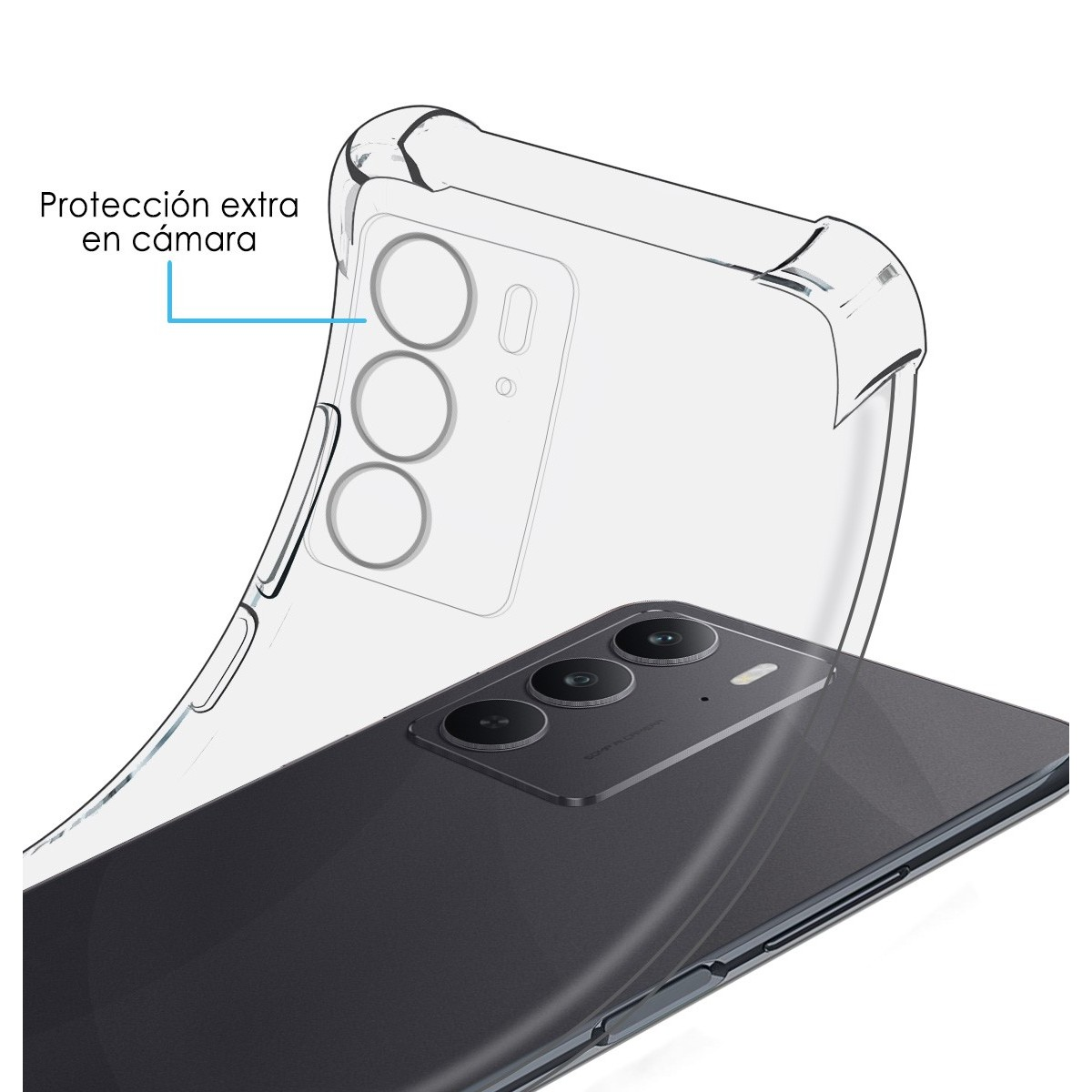 Una custodia per telefono con un design trasparente. L'area della fotocamera è evidenziata con il testo: Protezione extra.