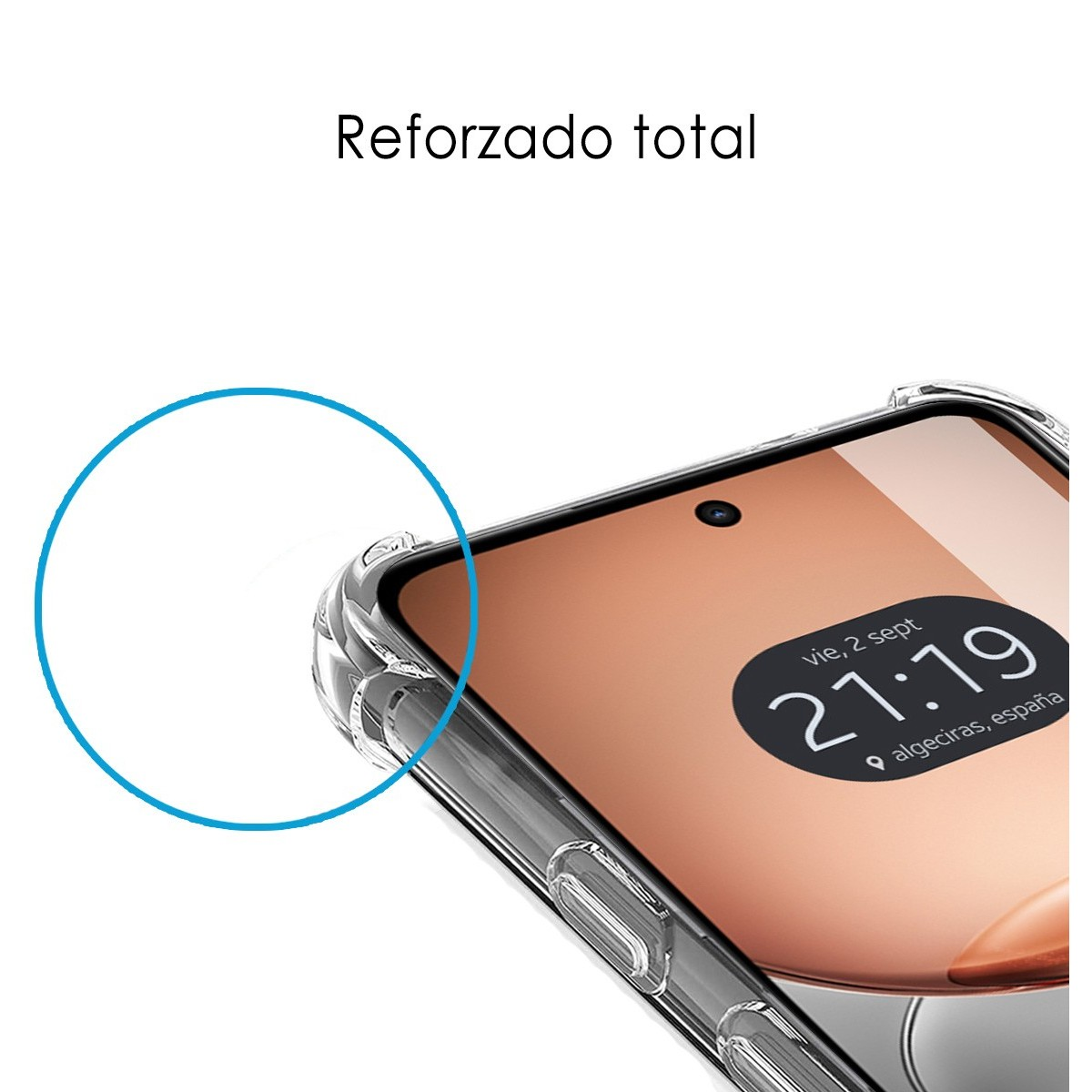 Primo piano di telefono con custodia trasparente e schermo che mostra un'interfaccia.
