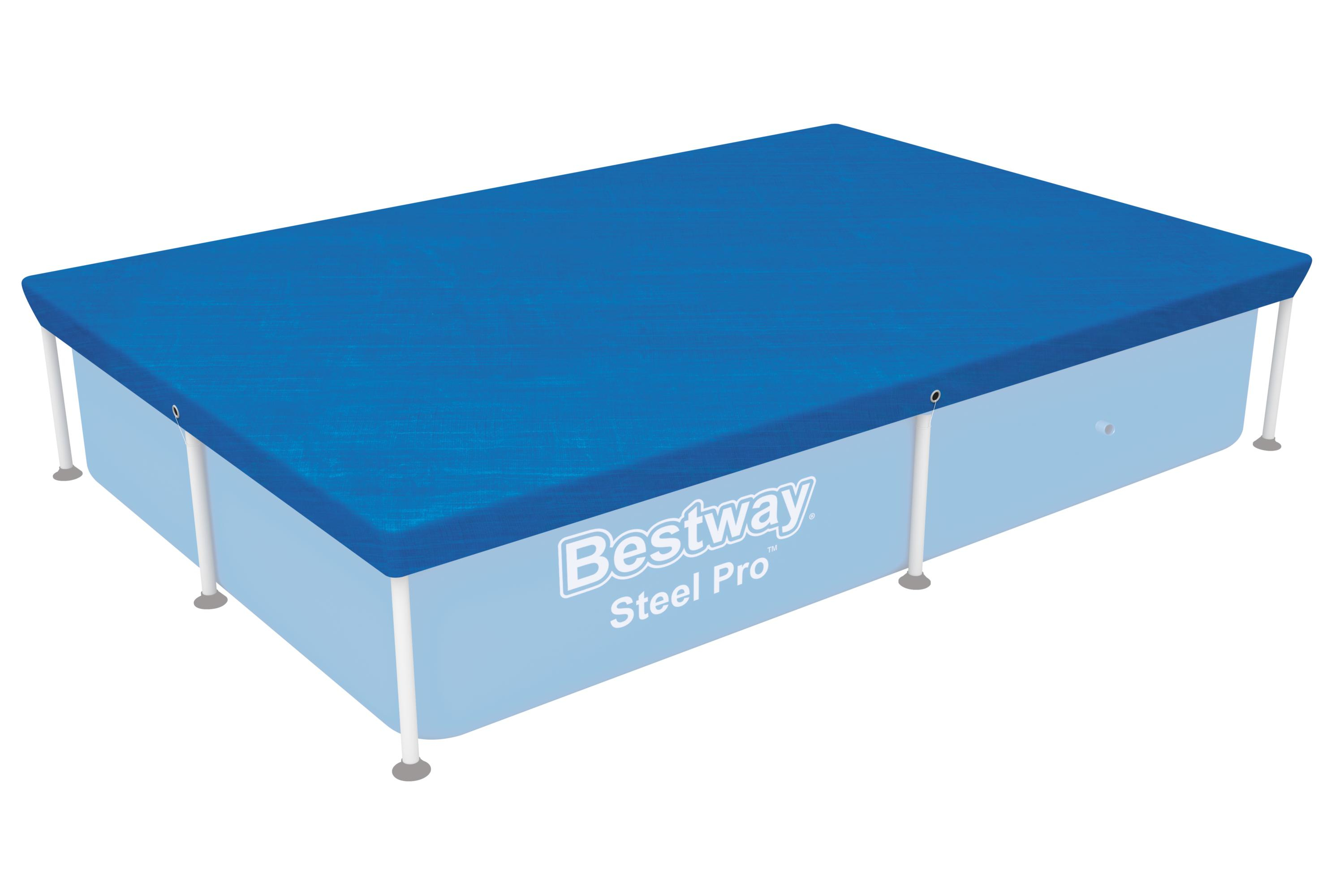 Niebieska prostokątna osłona basenu Bestway Steel Pro. Osłona jest nad jasnoniebieskim basenem.