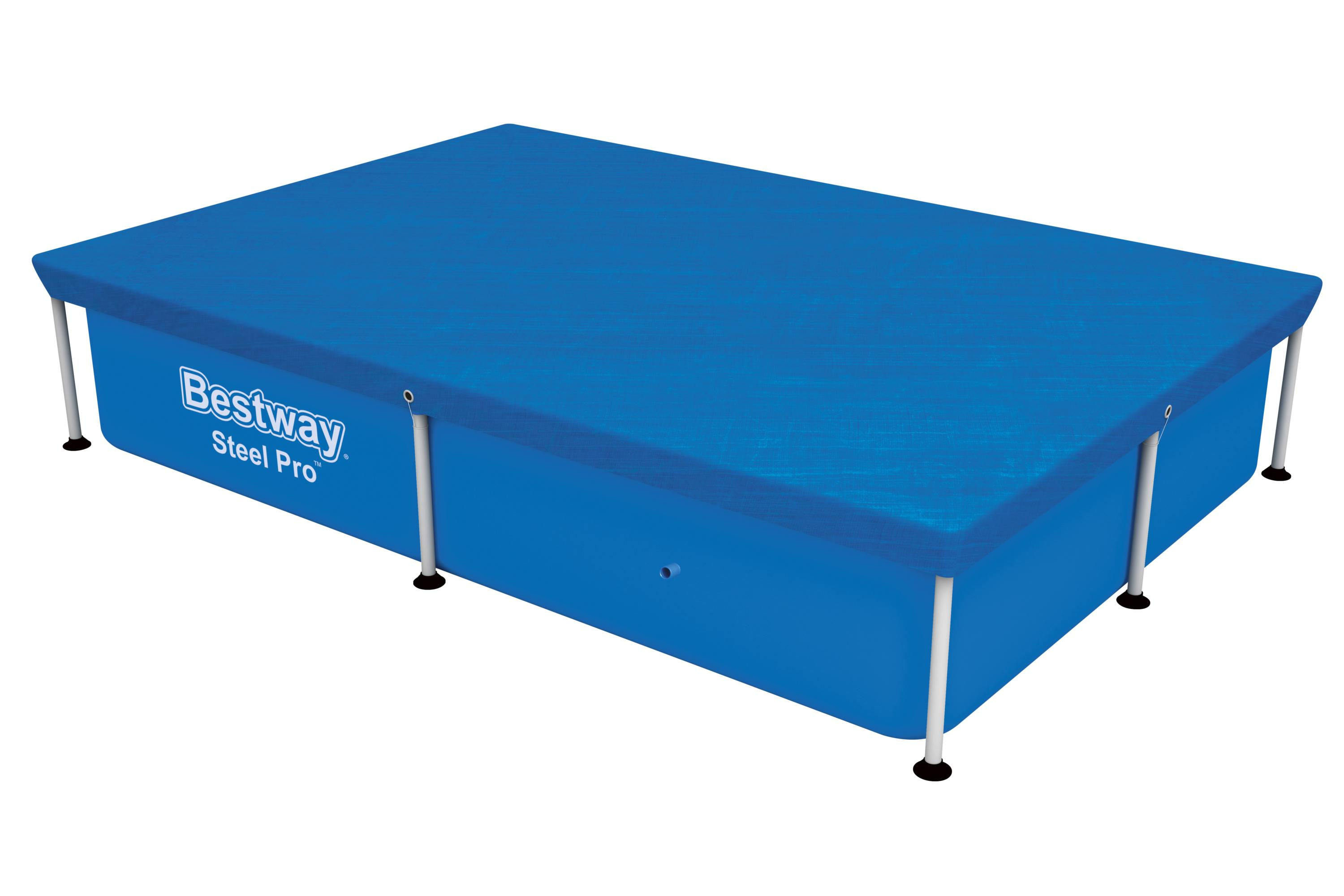 Niebieski prostokątny basen Bestway Steel Pro. Basen jest na białym tle.