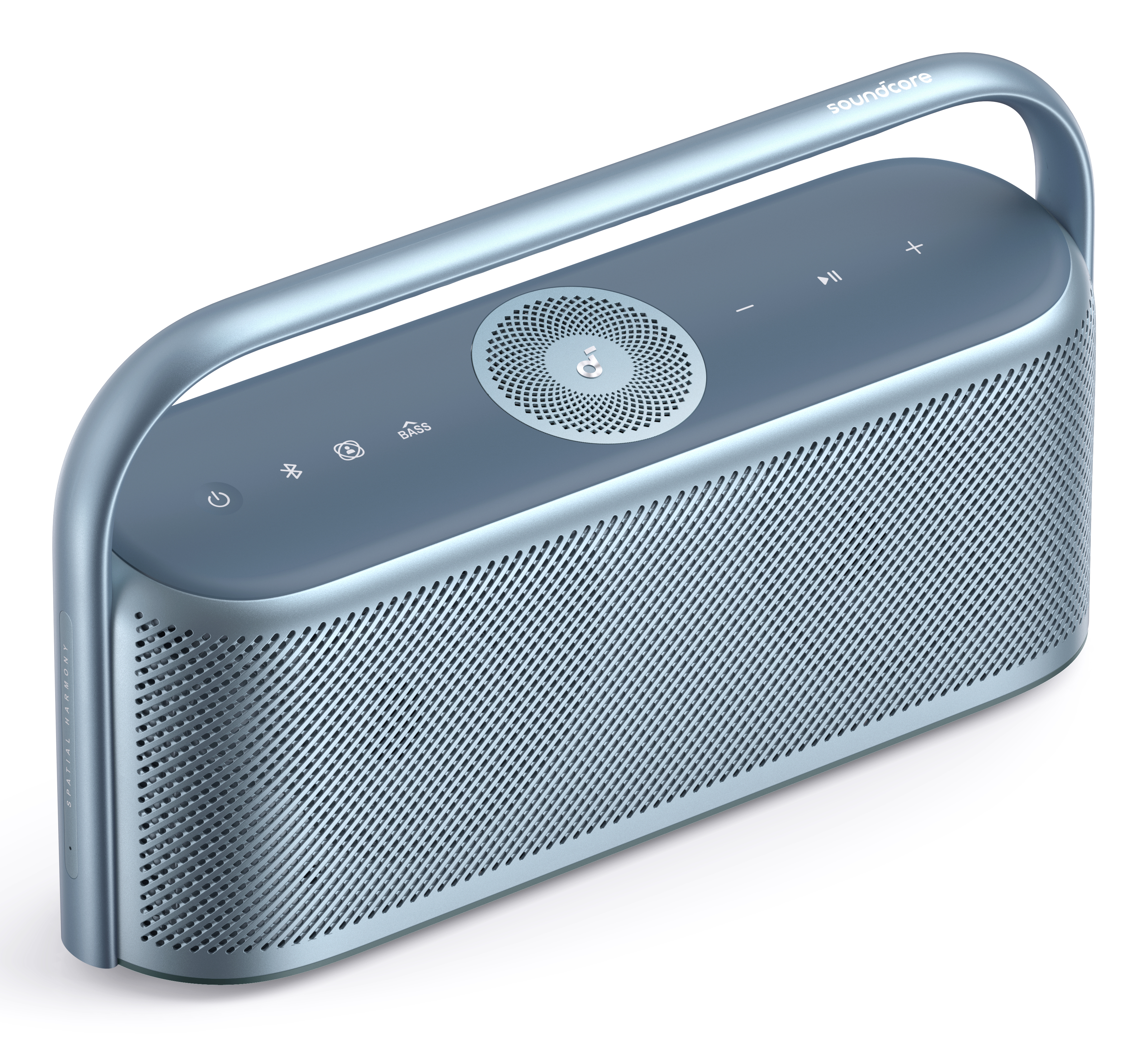 Blau-silberner Lautsprecher mit Griff, beschriftet soundcore. Weißer Hintergrund.