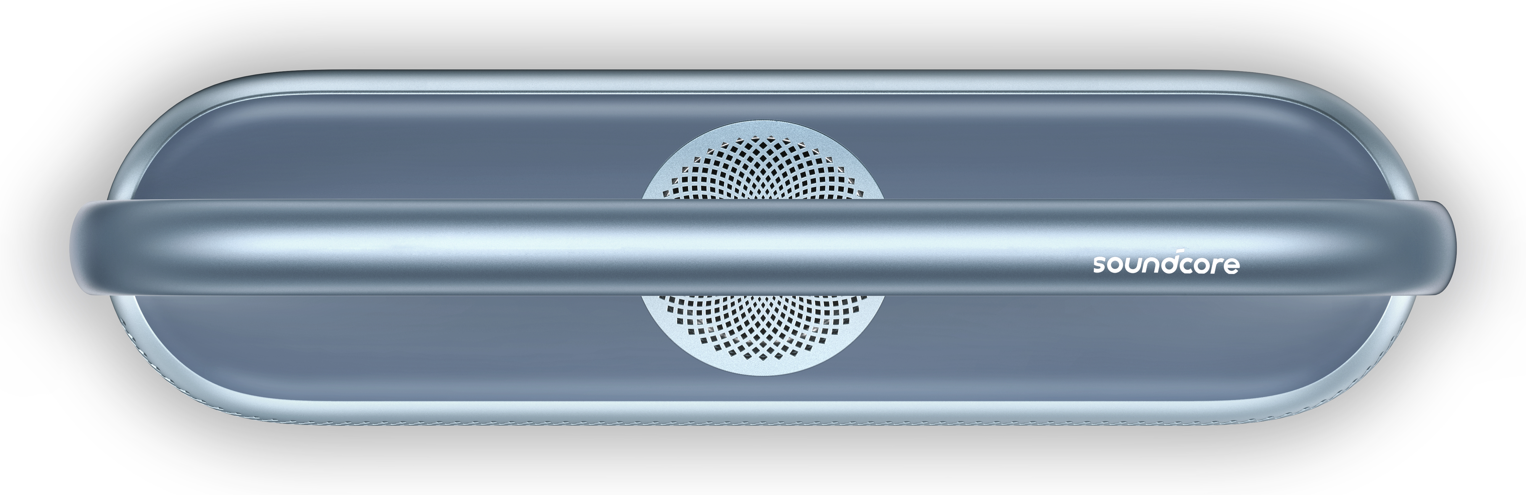 Draufsicht auf einen blauen Soundcore-Lautsprecher mit silbernem Griff, weißer Hintergrund.