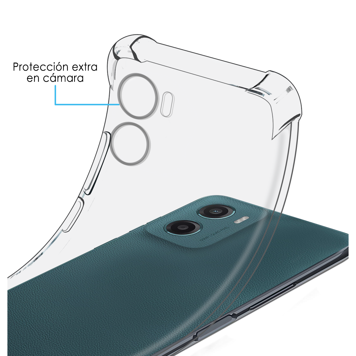 Una funda de teléfono está encima de un teléfono. La funda es transparente y tiene protección para la cámara.