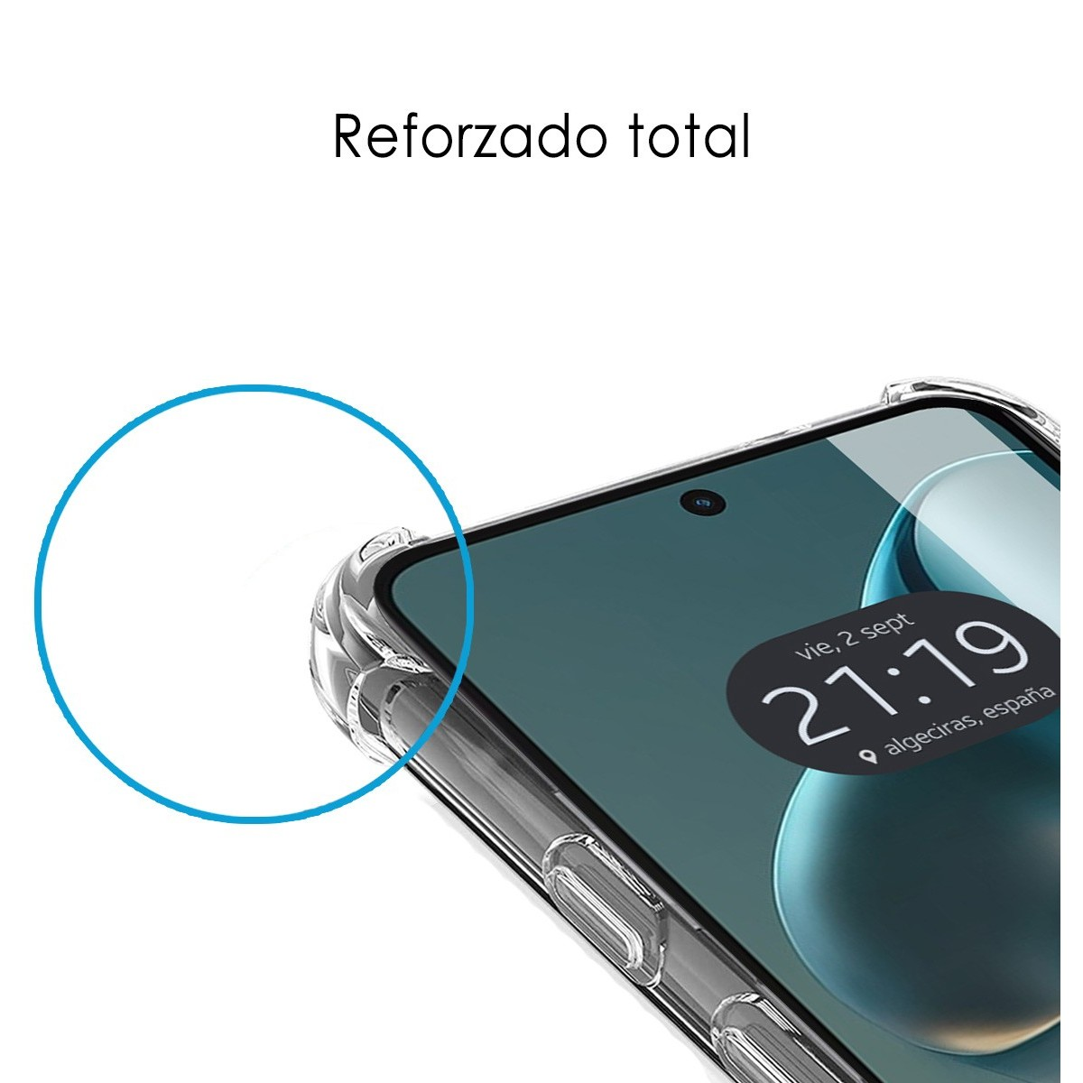 Un teléfono con una funda transparente, con la hora 21:19 en Algeciras, España, en la pantalla.