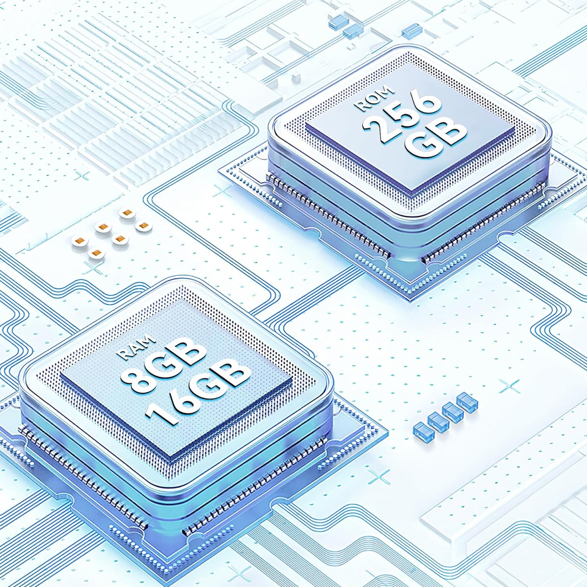 Chips de computadora con etiquetas de 8GB y 256GB, fondo de circuitos azules.