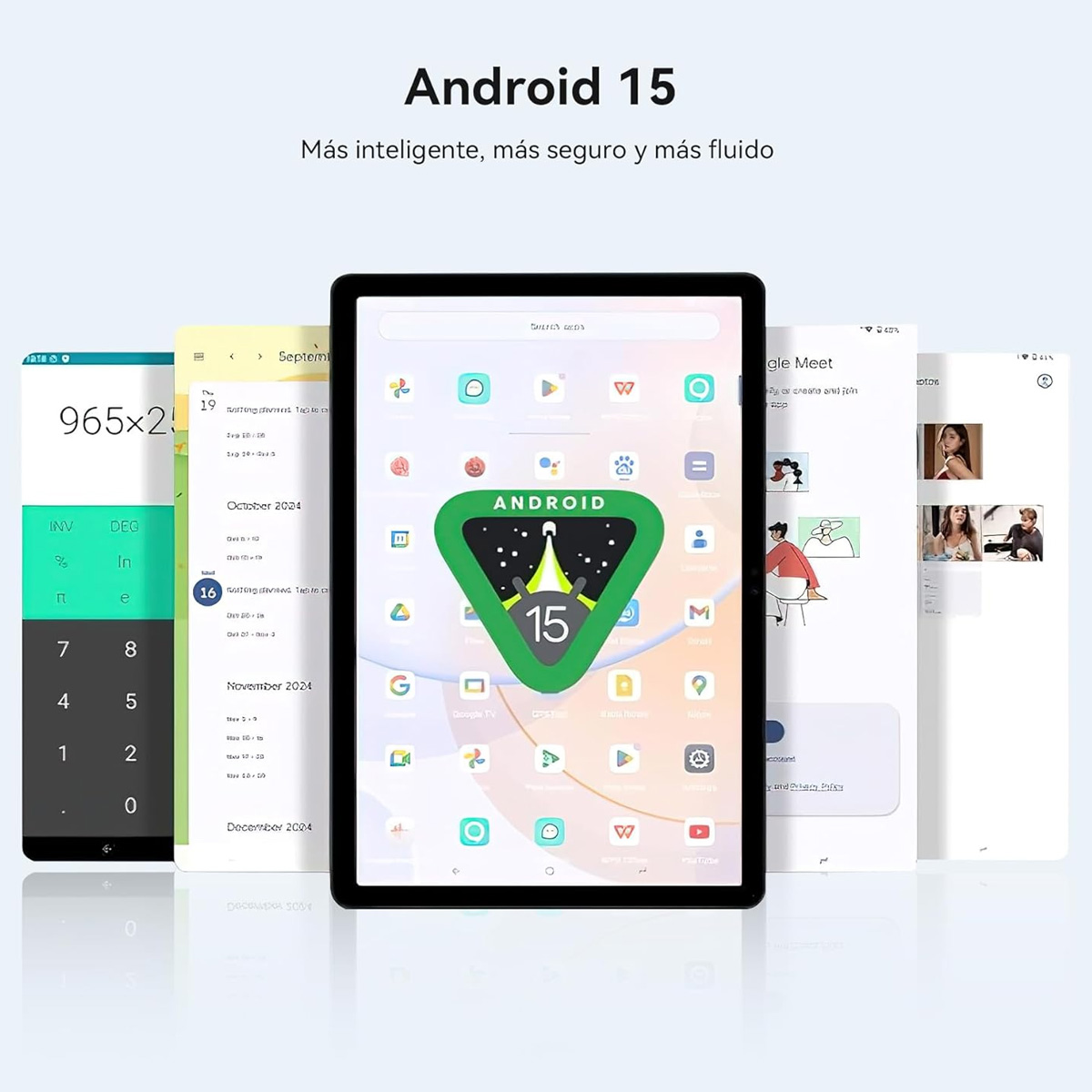 Tableta con múltiples pantallas de aplicaciones. Logo Android 15 en el centro.