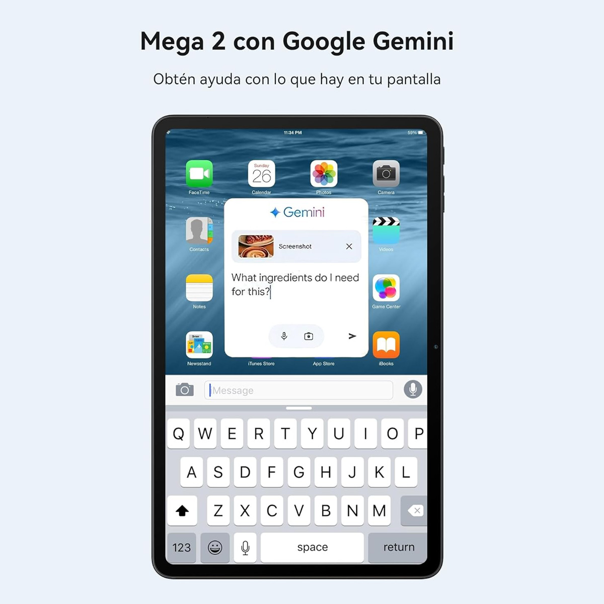 Tableta mostrando una pantalla de ayuda de Gemini, teclado e iconos de aplicaciones.
