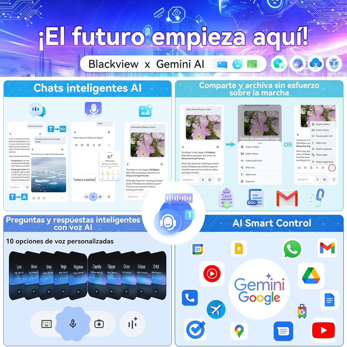 Anuncios en una pantalla, promocionando Blackview y Gemini AI. Textos en español.