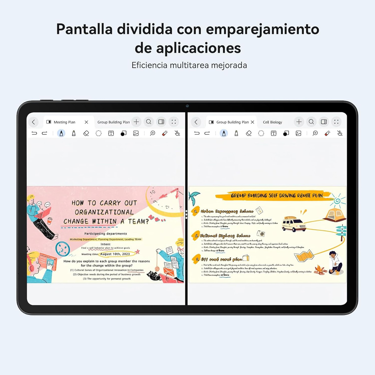Una tableta muestra el uso de aplicaciones en pantalla dividida. Un lado muestra un plan de reunión.