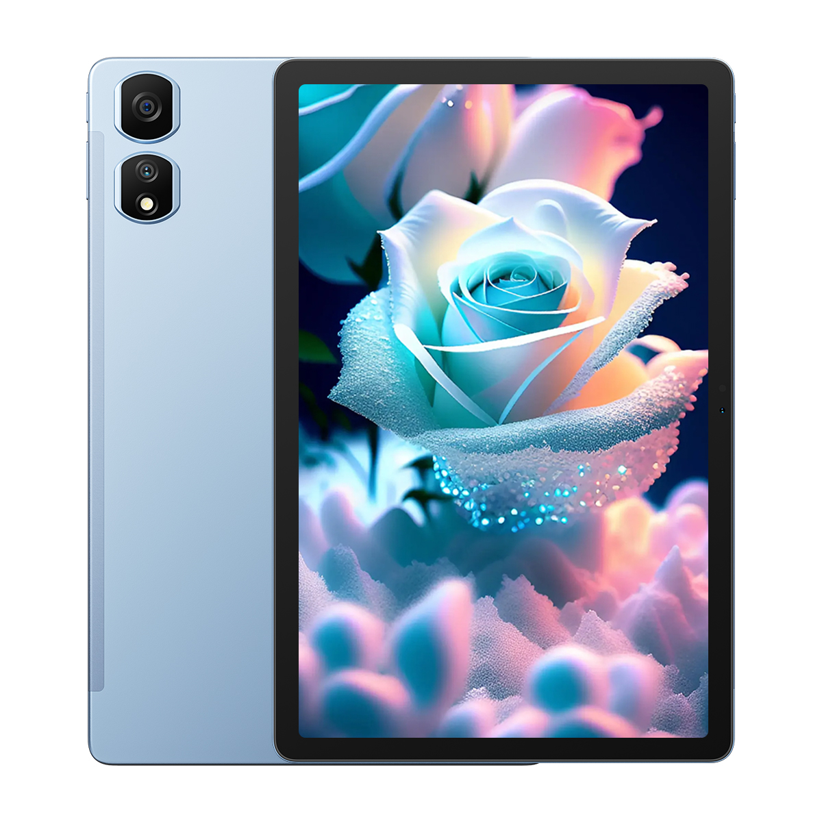 Tableta azul con imagen de rosa en pantalla. Dos cámaras visibles en la parte trasera.
