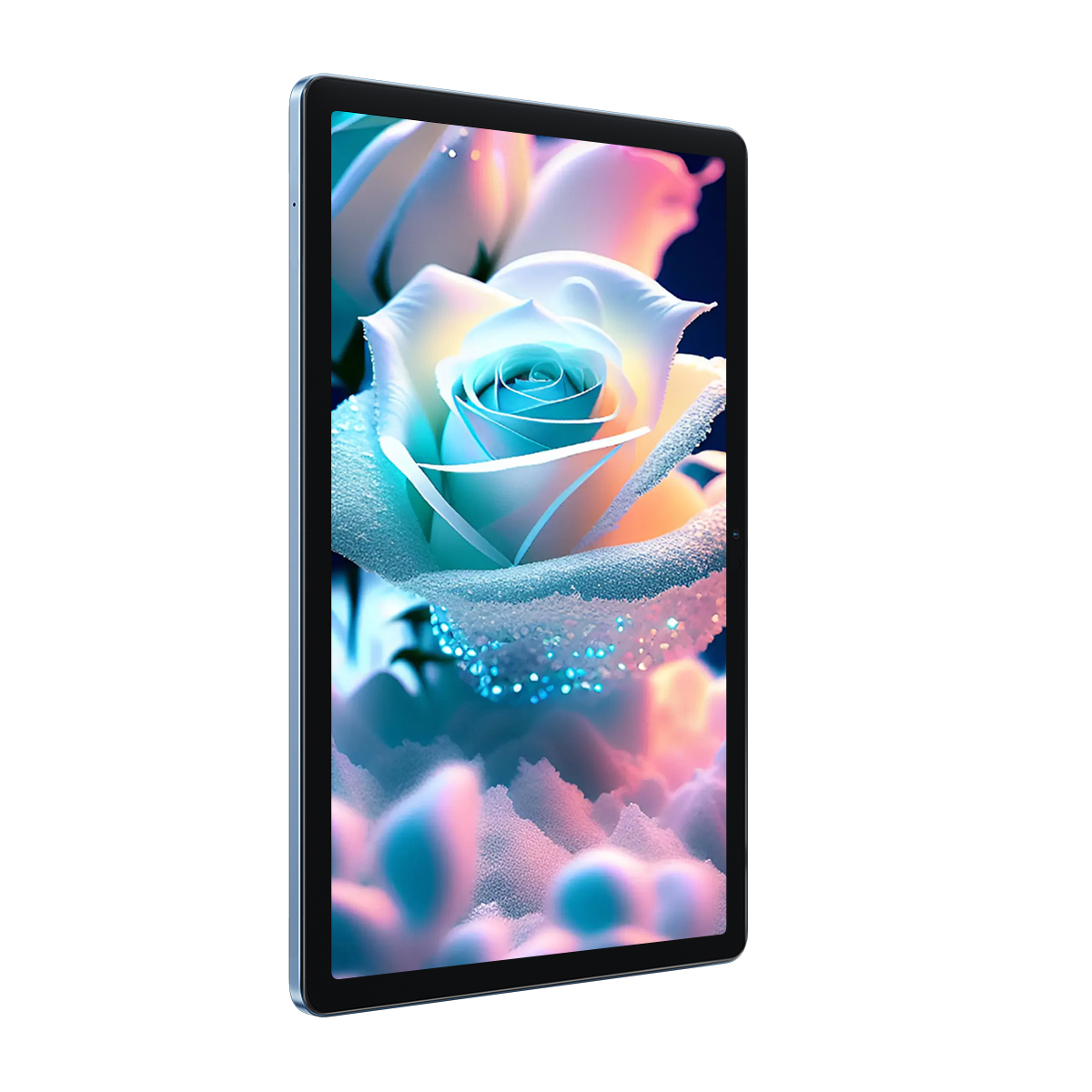 Tableta con marco azul, rosa en la pantalla. La rosa tiene centro azul y pétalos blancos.