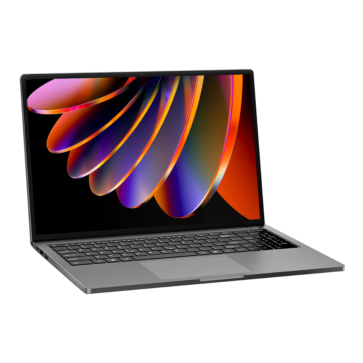 Laptop con pantalla colorida. Teclado y panel táctil visibles, en un escritorio.