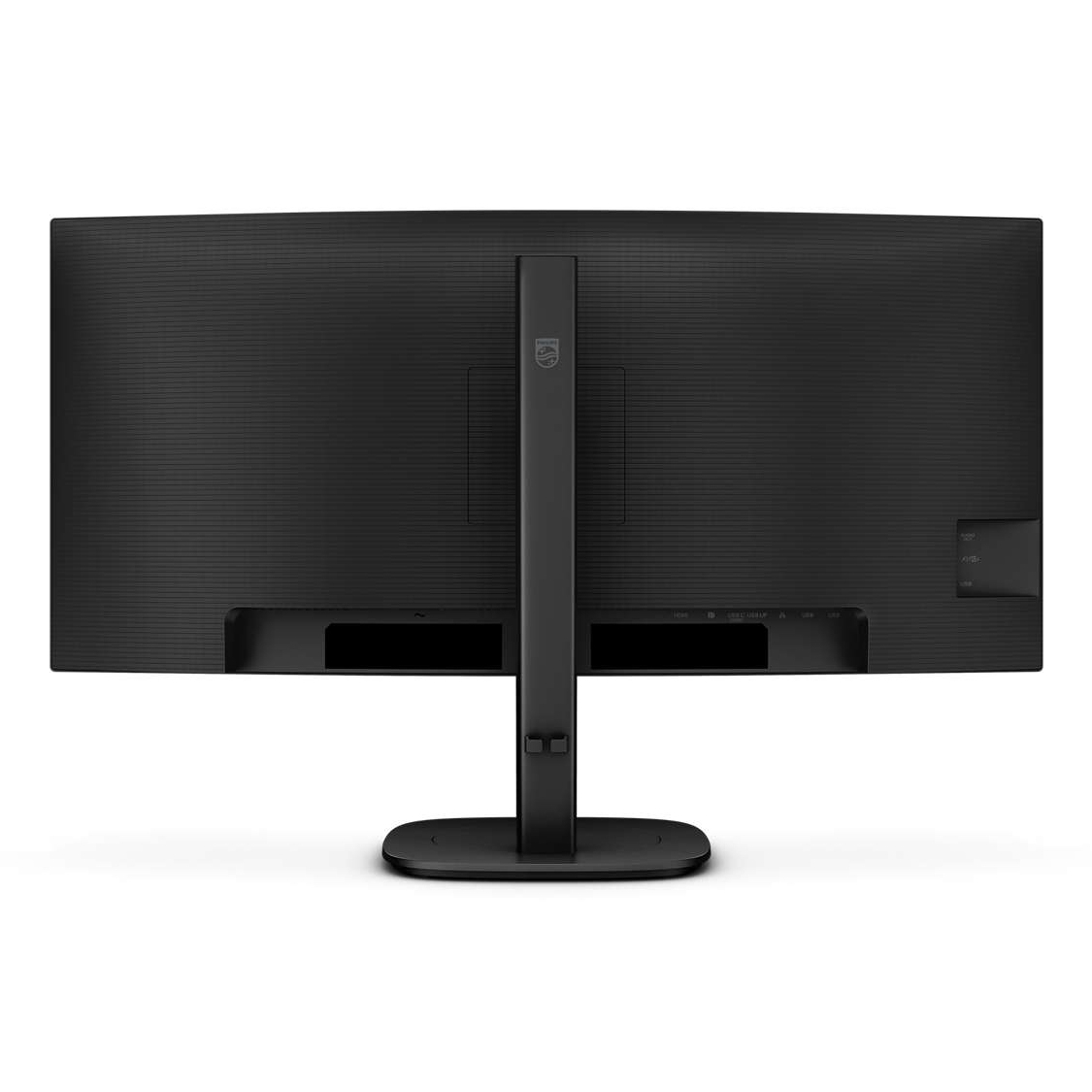 Tył czarnego monitora komputera ze stojakiem, pokazujący połączenia i logo.