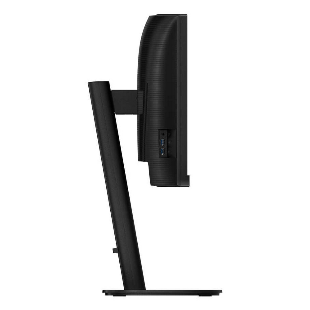 Widok z boku monitora komputera. Czarna ramka i podstawka. Zawiera porty z boku.