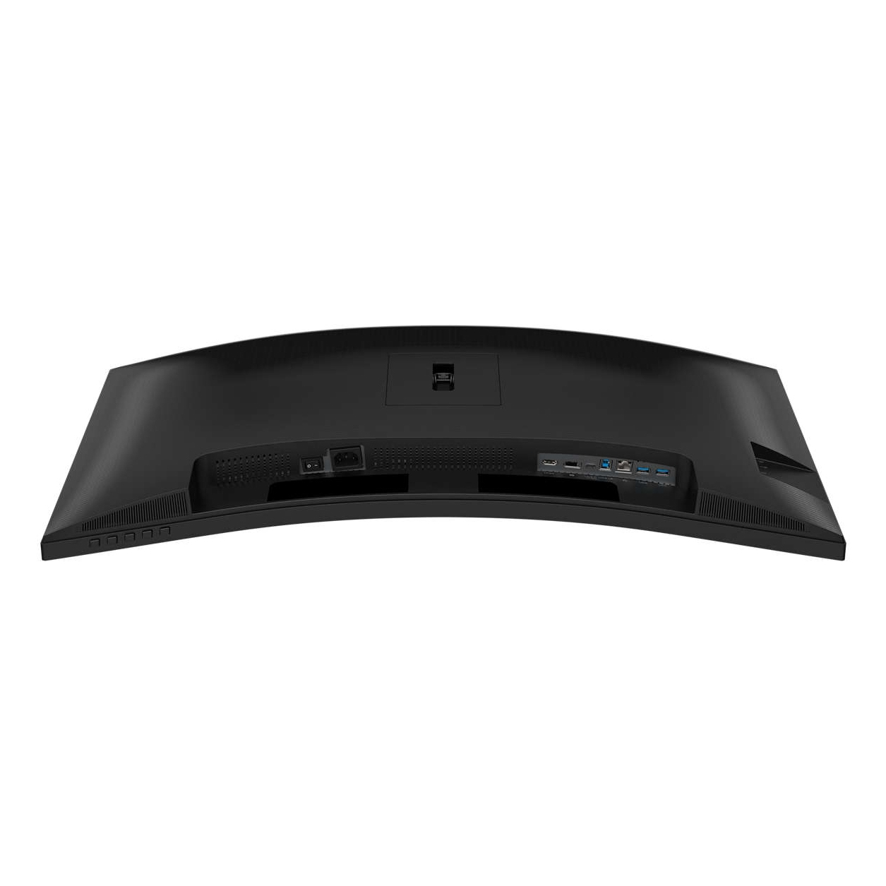 Zakrzywiony, czarny monitor komputera widziany od tyłu, z widocznymi portami i połączeniami.