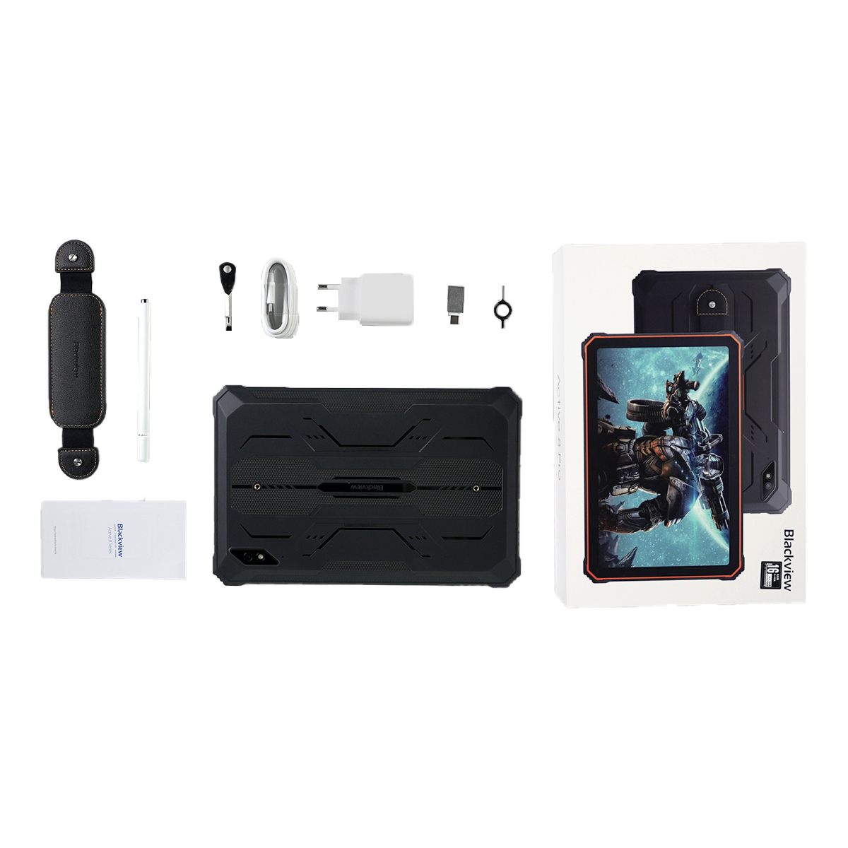 Blackview-Tablet und Zubehör: Griff, Stift, Ladegerät, Adapter, SIM-Werkzeug und Box. Weißer Hintergrund.
