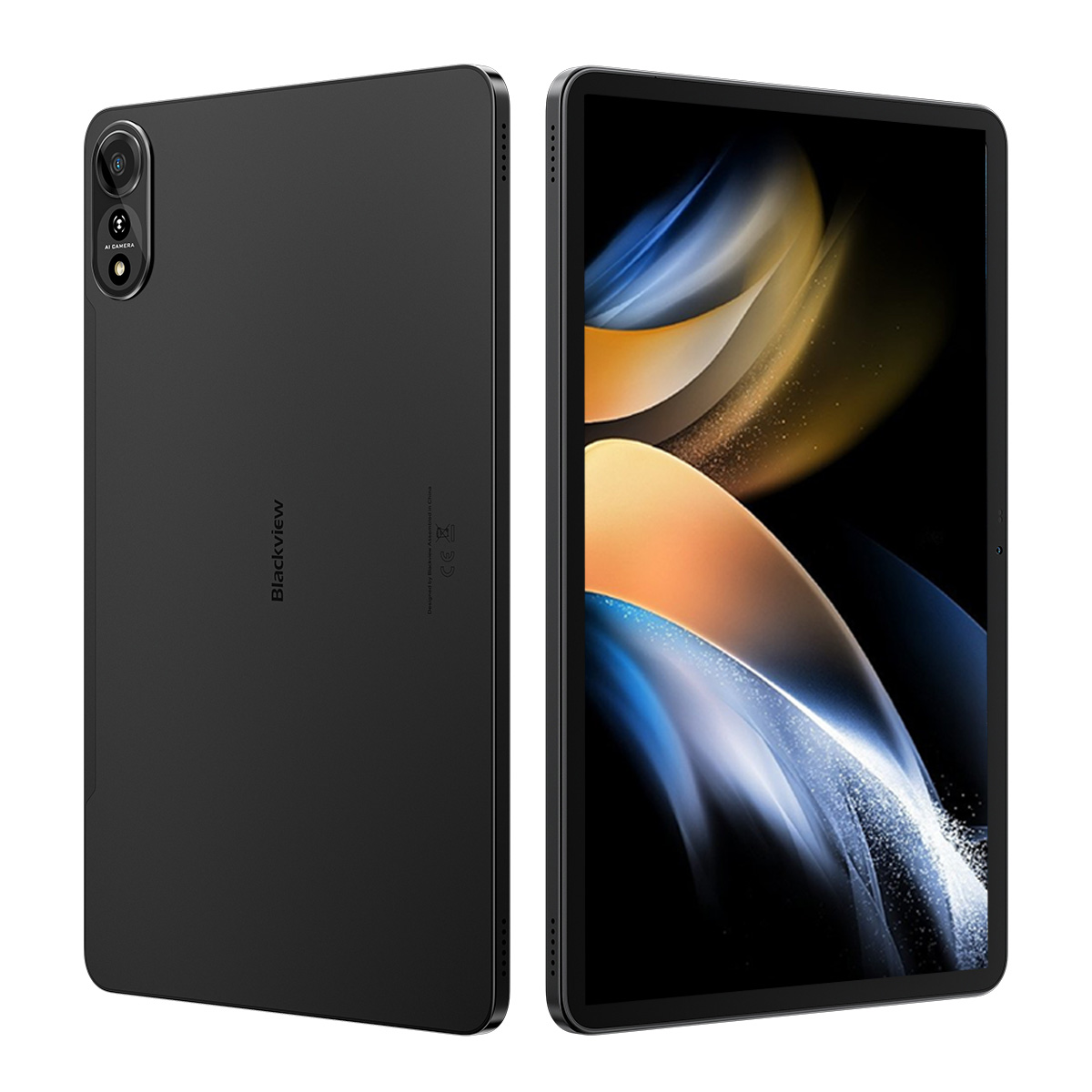Tableta Blackview: vista trasera y frontal. Parte trasera negra, pantalla a la derecha.