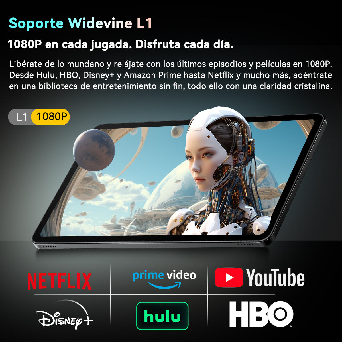 Pantalla de tableta con una mujer futurista, texto y logotipos de servicios de streaming.