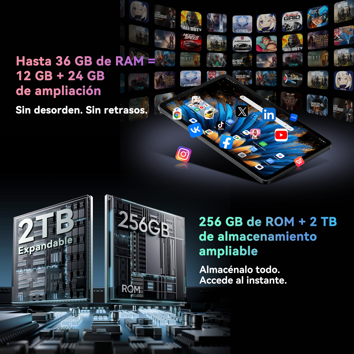 La pantalla de la tableta muestra aplicaciones y juegos. Texto: "Hasta 36 GB de RAM", "2TB Expandible" y "256GB ROM + 2TB".