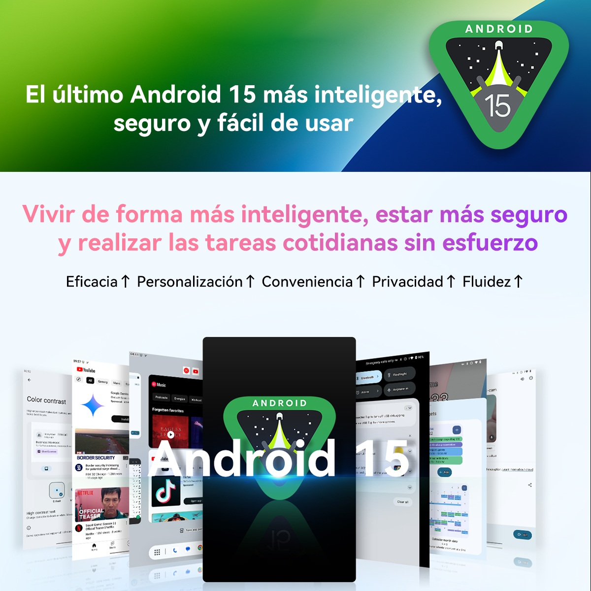 Anuncio de Android 15 con varios iconos de aplicaciones y un logotipo central de Android 15.