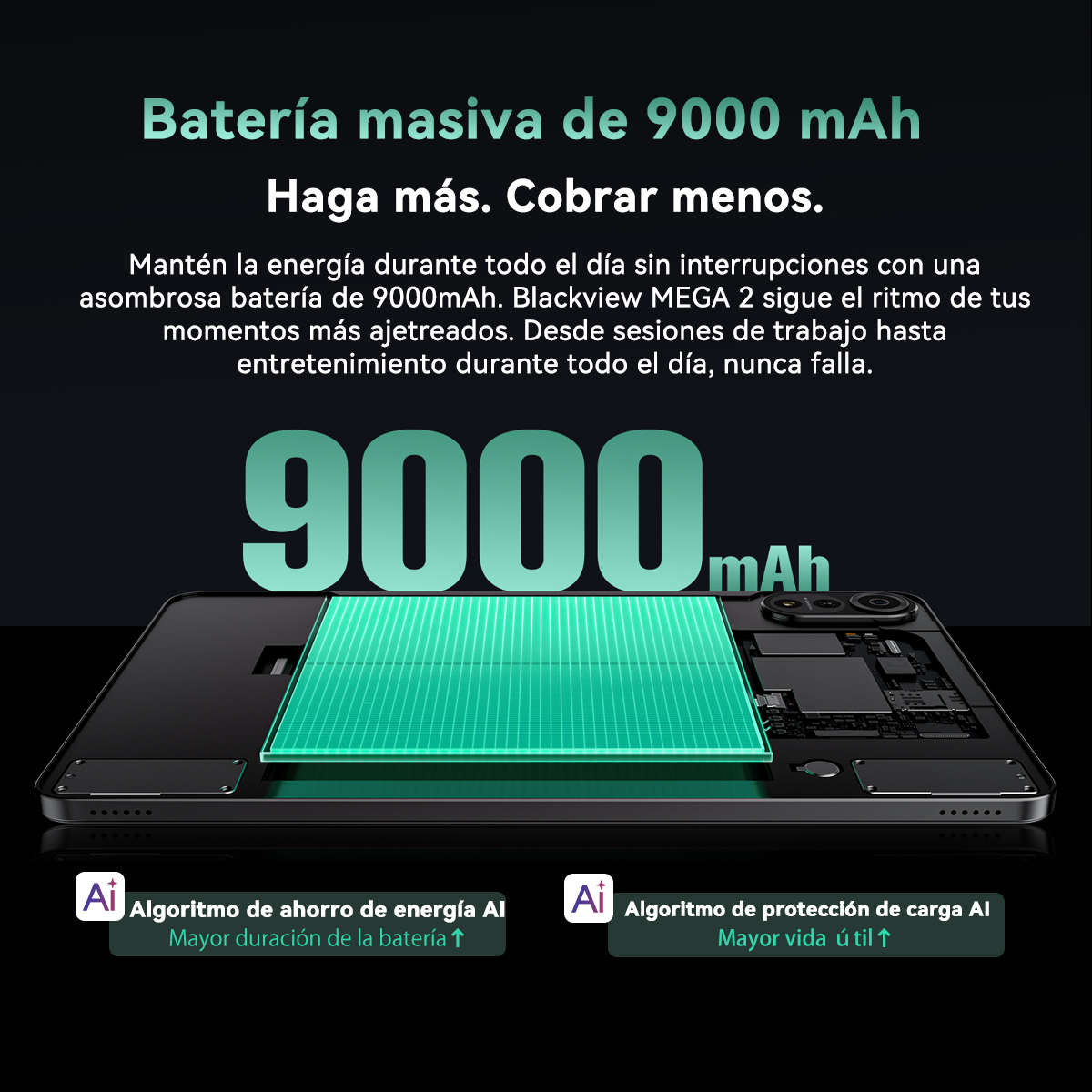 Imagen de un teléfono que muestra la duración de la batería, con 9000 mAh y texto sobre ahorro de energía.