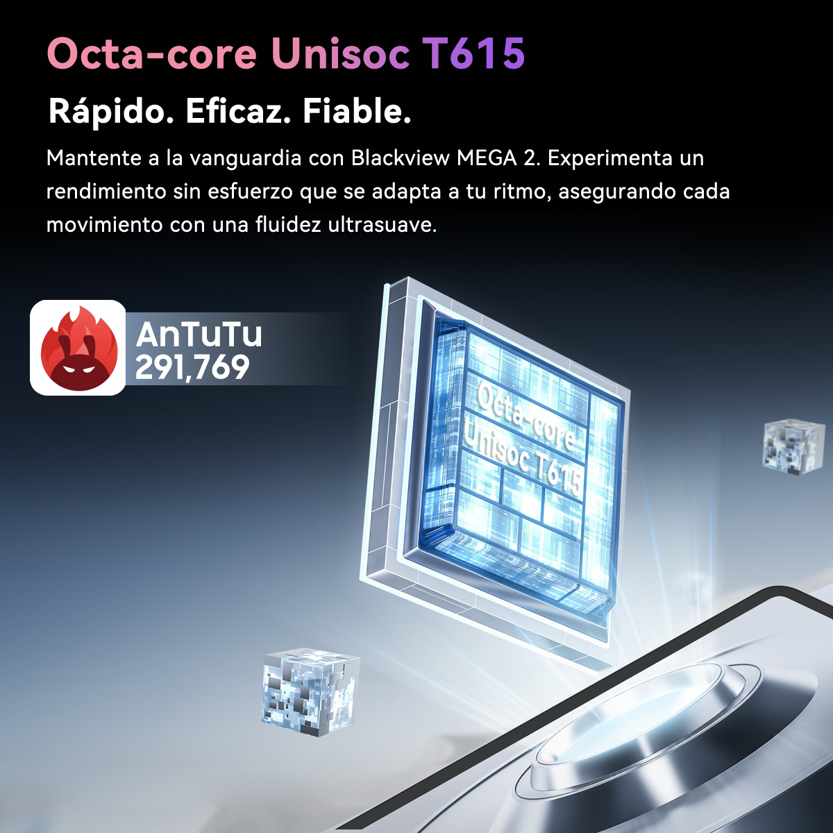 Tableta con texto: Octa-core Unisoc T615, puntuación AnTuTu. Cubos y un efecto de luz.